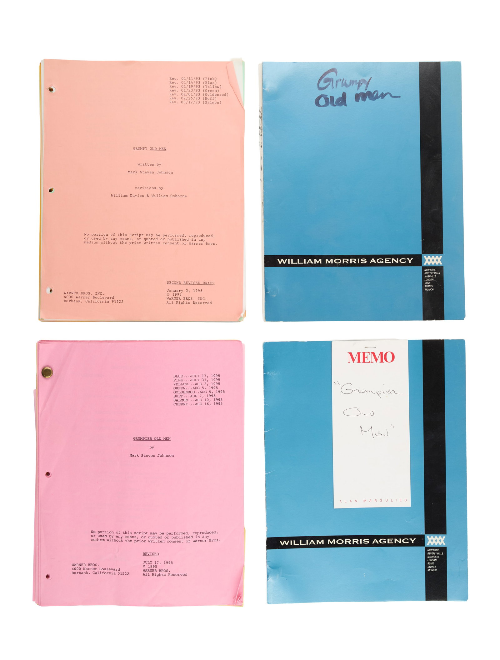 Ann-Margret | 1993/1995 Scripts from "Grumpy Old Men" and "Grumpier Old Men": Warner Bros., 1993, 1995; a group of four; the first from "Grumpy Old Men," no covers, loose-leaf, peach-colored title page marked "Second Revised Draft," dated "January 3, 1993," written by Mark Stev
