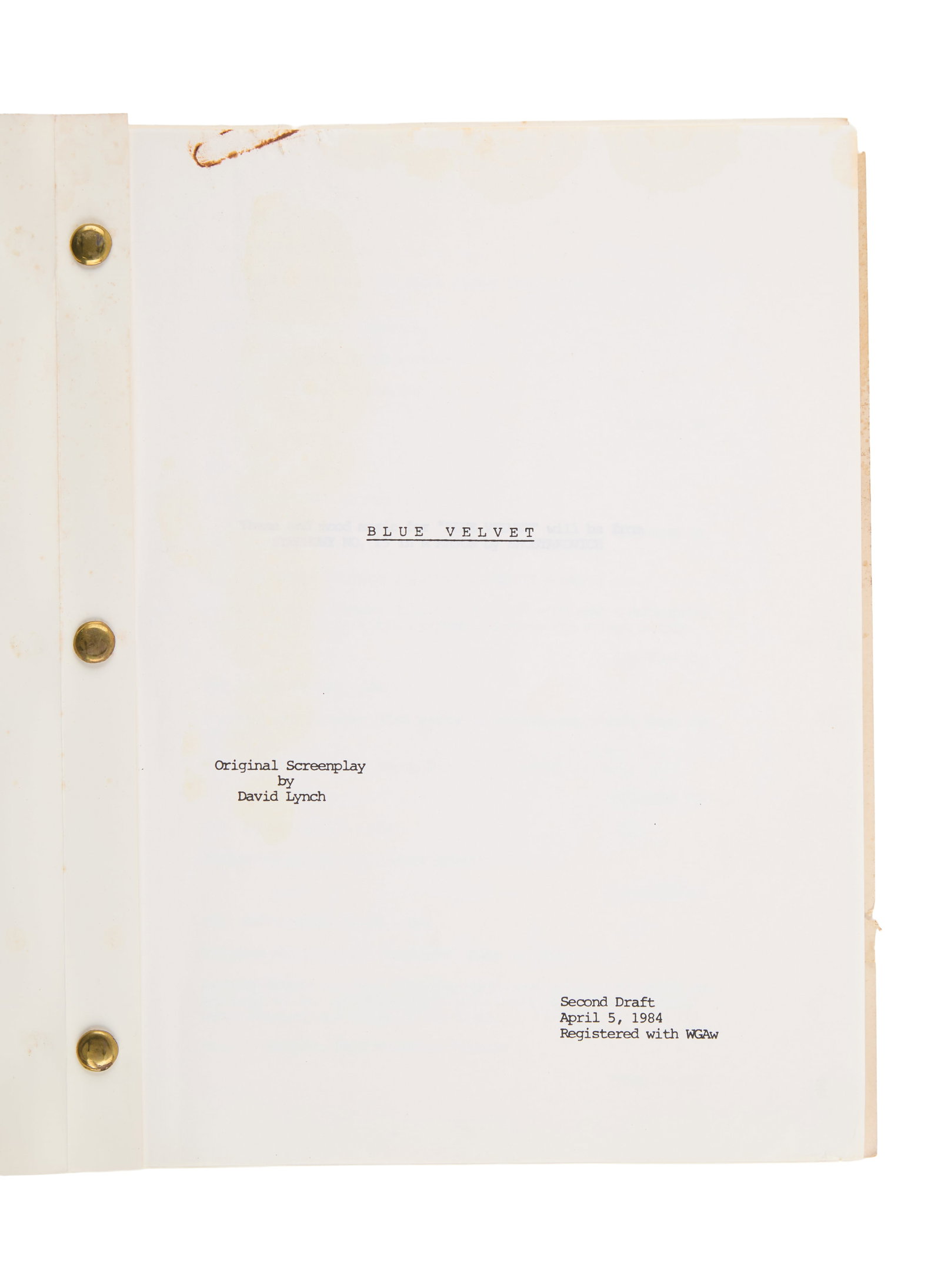 Ann-Margret | 1984 Script from "Blue Velvet": De Laurentiis Entertainment Group, 1986; white "CAA" covers, marked "Second Draft," dated "April 5, 1984," screenplay by David Lynch, 126 pages; an early draft of what would become Lynch's breakout fi