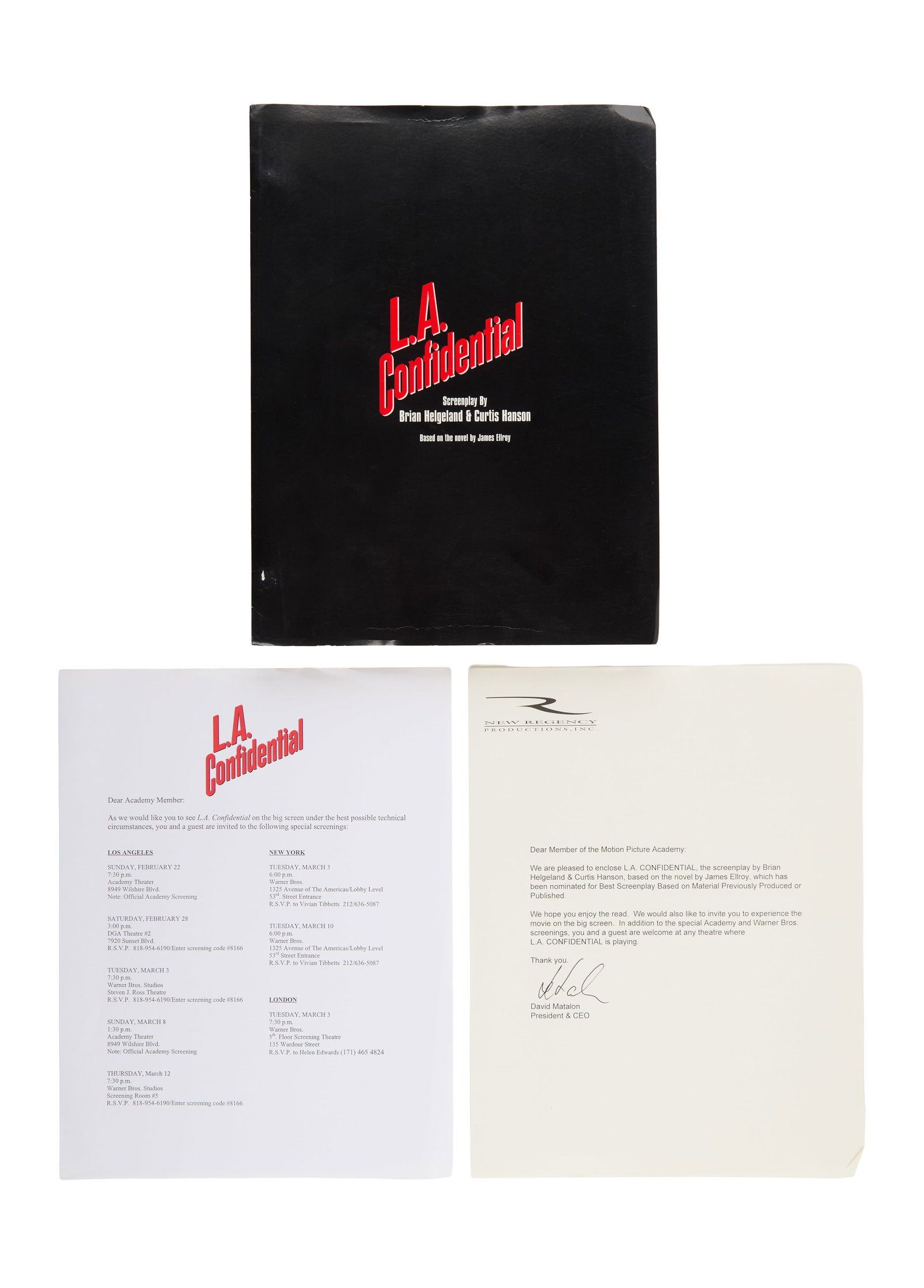 Ann-Margret | 1997 Script from "L.A. Confidential": Warner Bros., 1997; black covers with film's logo, marked "Revised Draft," dated "February 12, 1996," screenplay by Brian Helgeland and Curtis Hanson, based on the novel by James Ellroy,