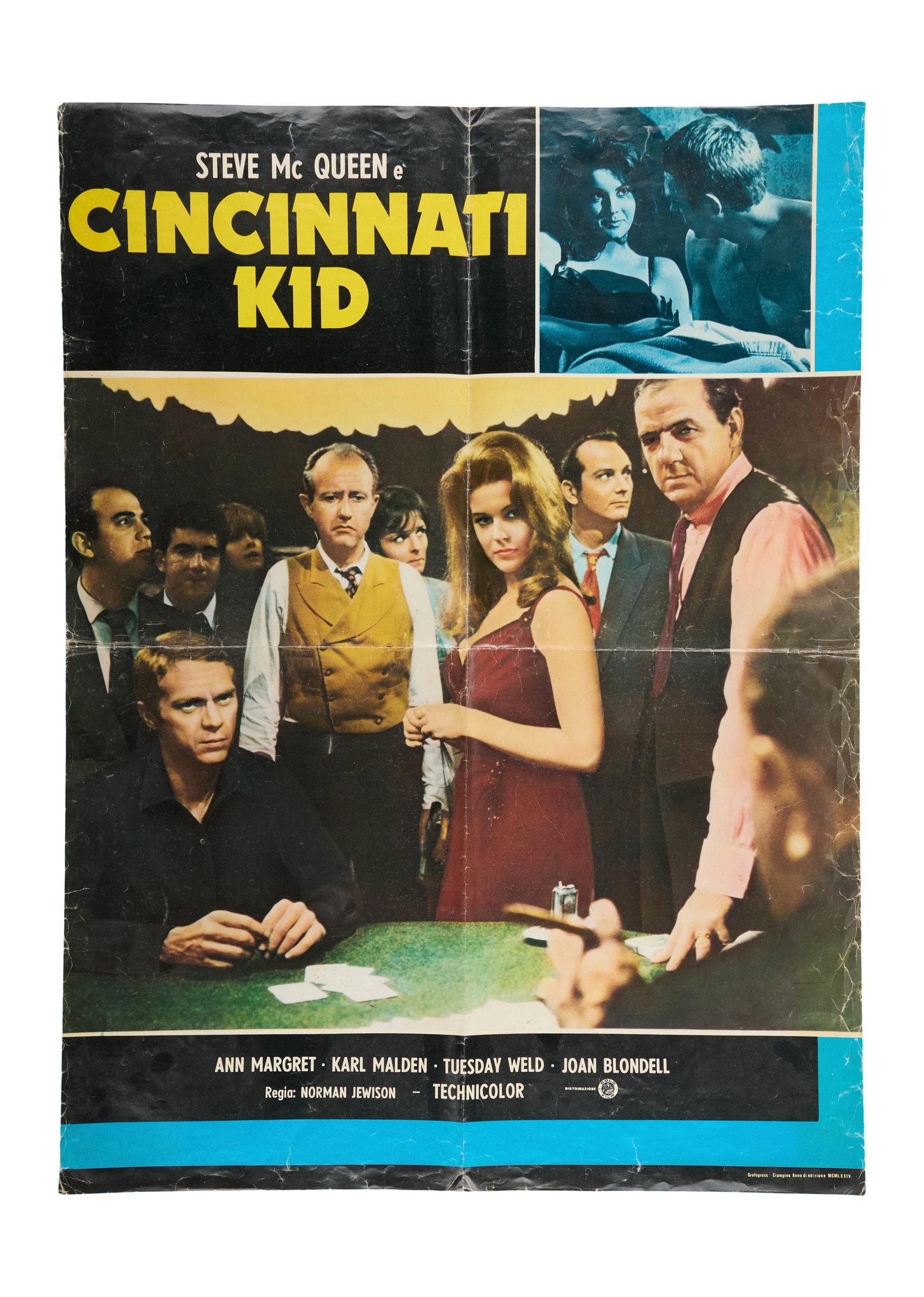 Ann-Margret | 1974 Italian Fotobusta Movie Poster from "The Cincinnati Kid": Metro-Goldwyn-Mayer, 1965; from the film's 1974 re-release in Italy, featuring a colorized image of stars Ann-Margret, Steve McQueen, Karl Malden and others at the card table; folded; please note