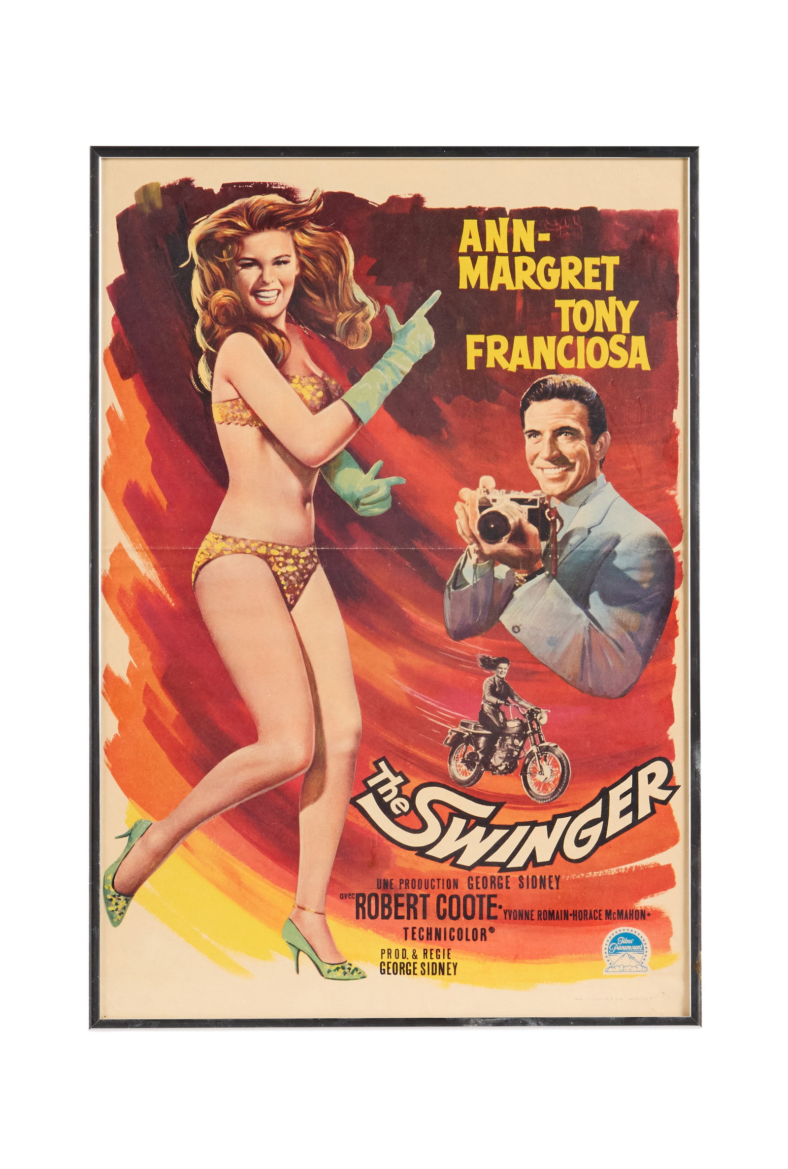 Ann-Margret | 1966 Belgian Window Card Movie Poster from "The Swinger": Paramount, 1966; featuring a cute image of Ann-Margret wearing a sparkly gold bikini; framed; on display in the star's home theatre for many years.