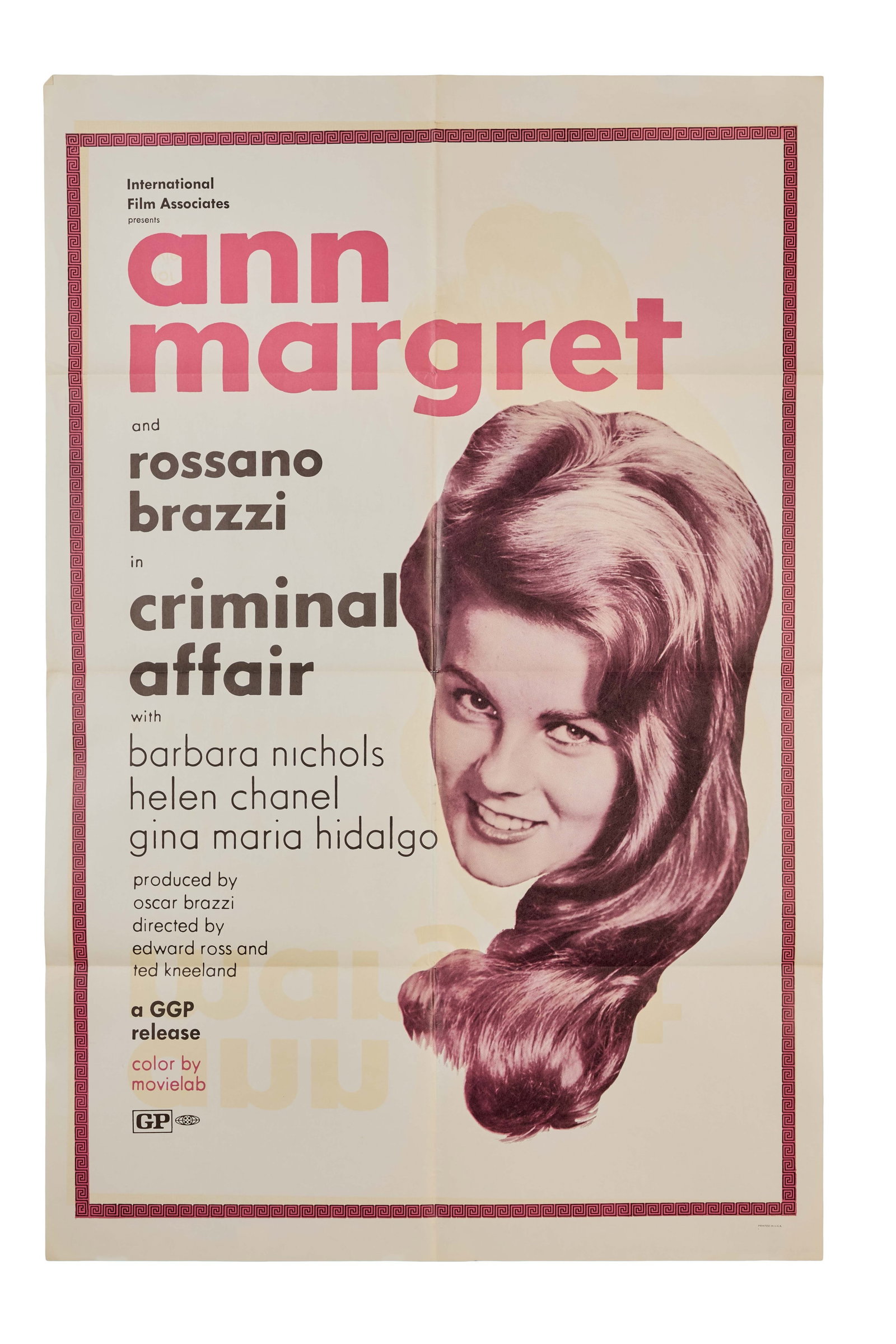 Ann-Margret | 1968 Rare One Sheet Movie Poster from "Criminal Affair": International Film Associates, 1968; featuring a singular image of the star's pretty, smiling face from the foreign heist film that co-starred Rossano Brazzi; alternatively released as "Seven Men and