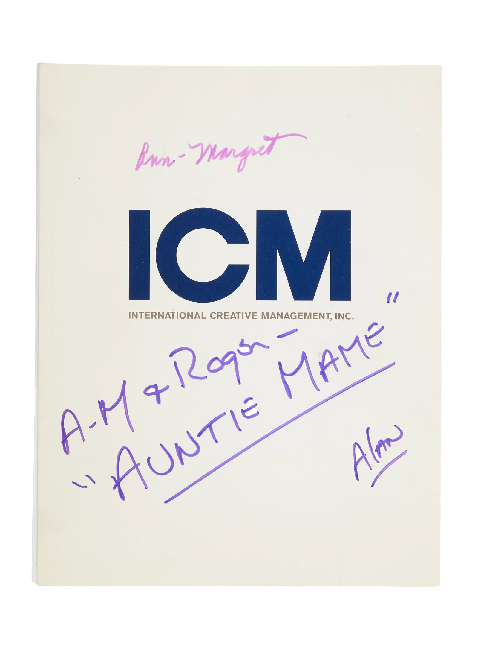 Ann-Margret | 1994 Signed Script from "Auntie Mame": A document housed in white covers with the ICM logo; ownership signature penned in pink felt-tip ink on front cover reads "Ann-Margret," penned in purple felt-tip ink in another hand below reads "A-M