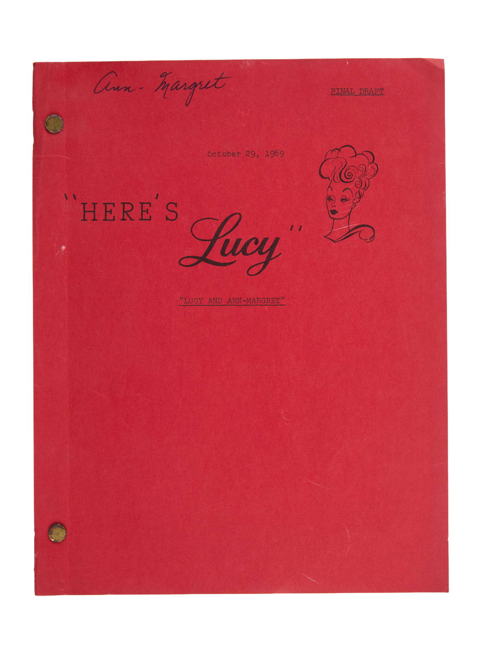 Ann-Margret | 1969 Script from "Here's Lucy": CBS Television, 1968-1974; red covers, marked "Final Draft," dated "October 29, 1969," titled "Lucy and Ann-Margret," with the star's black felt-tip ink ownership signature in the upper left corner,