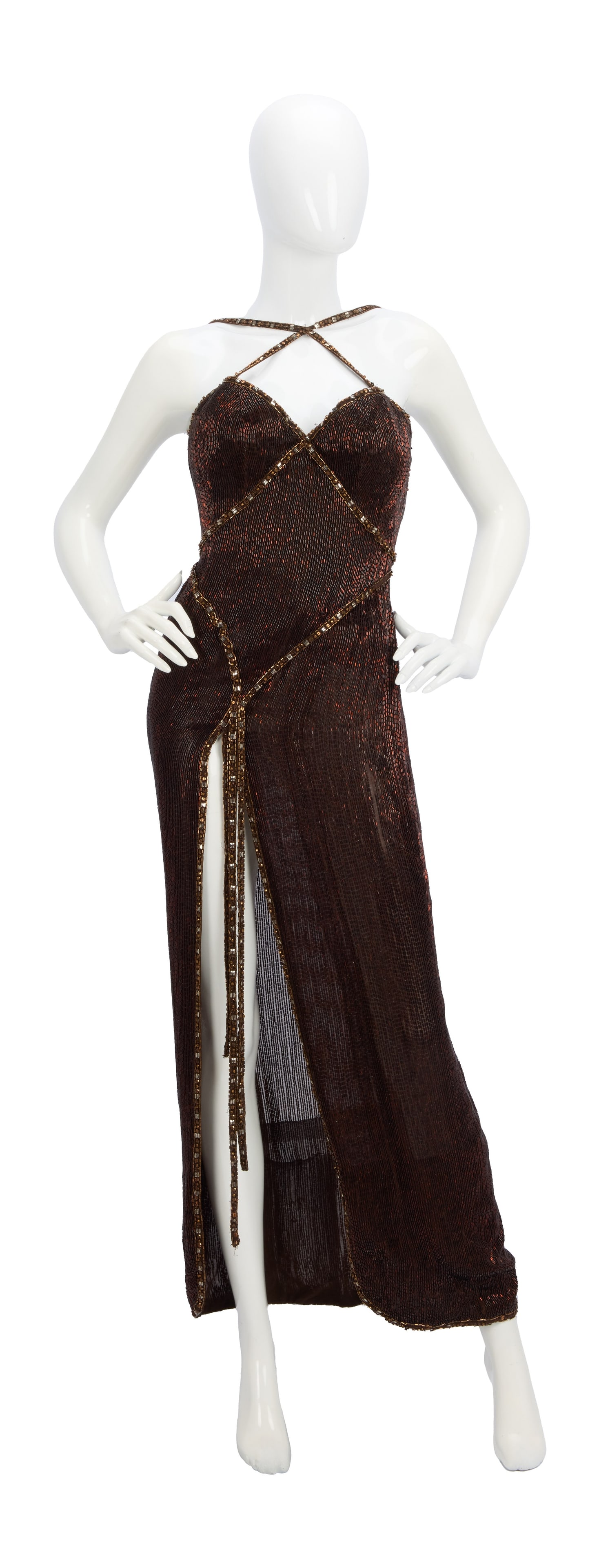 Ann-Margret | 1975 Gown by Elizabeth Courtney Worn to the Grammy Awards and on "The Tonight Show: A garment made of chocolate brown silk; floor-length, big slit up center, heavily adorned with same-color bugle beads, sequins and other beading in a slightly lighter color make up a trim which e