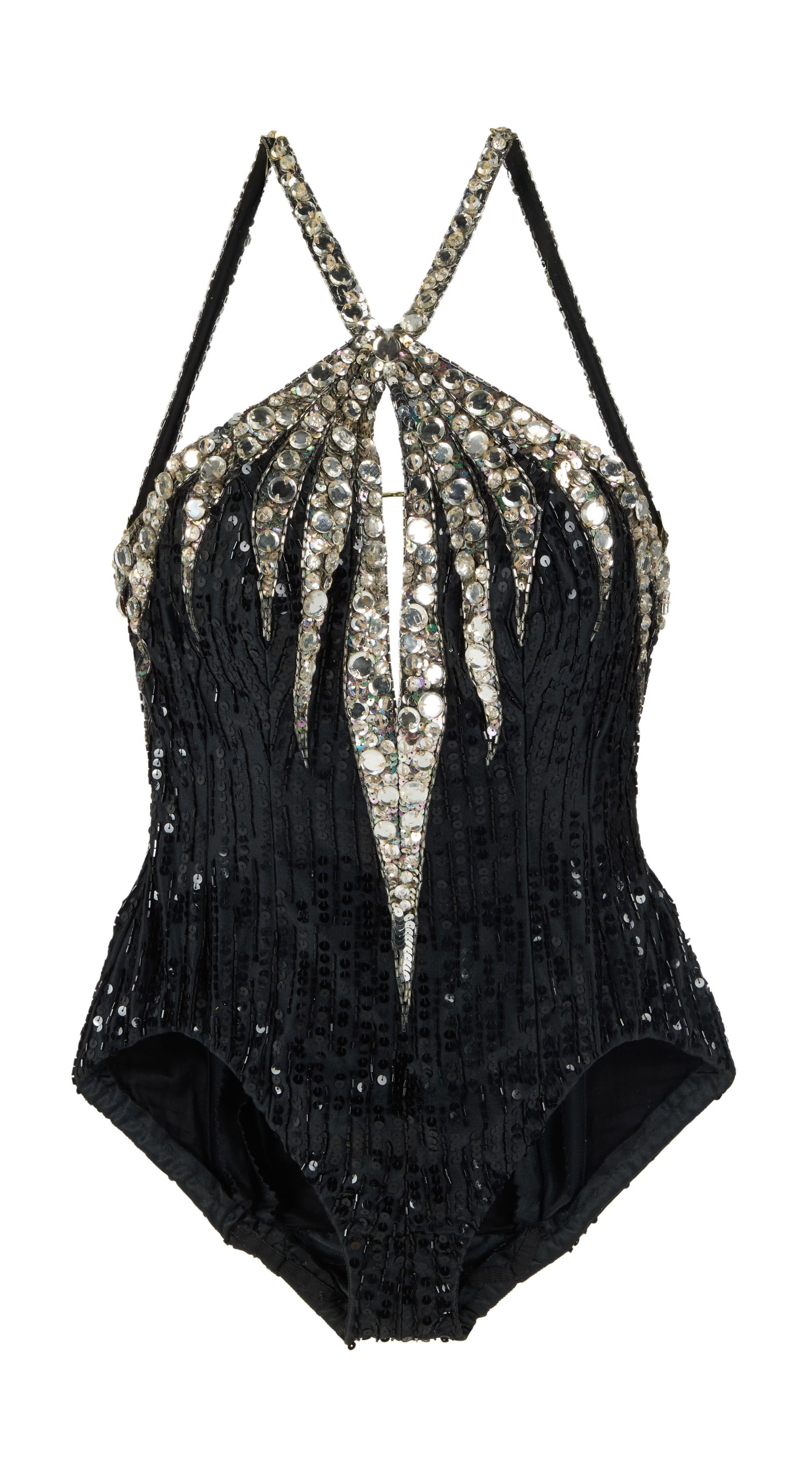 Ann-Margret | 1978 Bodysuit by Bob Mackie from "Rockette: A Holiday Tribute to Radio City Music: NBC Television, 1978; a garment made of black silk jersey, heavily adorned with black bugle beads and sequins on body, further adorned with circular mirrored beads at bust and on back, spaghetti strap