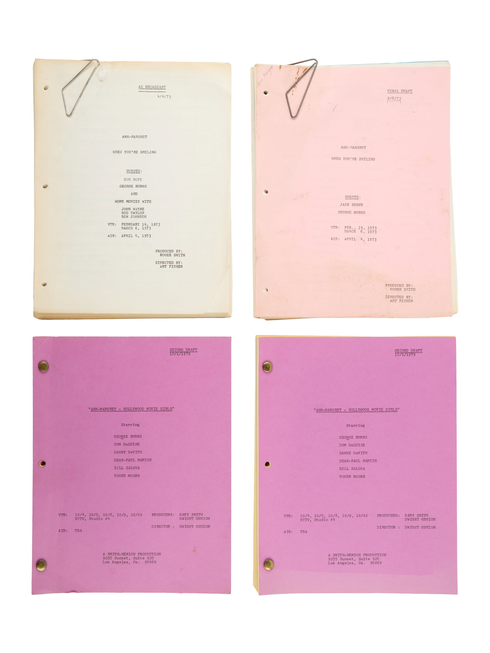 Ann-Margret | 1970s Scripts from Her Television Specials: A group of four; the first from "Ann-Margret: When You're Smiling," NBC Television, 1973, no covers, loose-leaf, marked "As Broadcast," dated "4/4/73," 77 pages, from the musical variety special that 