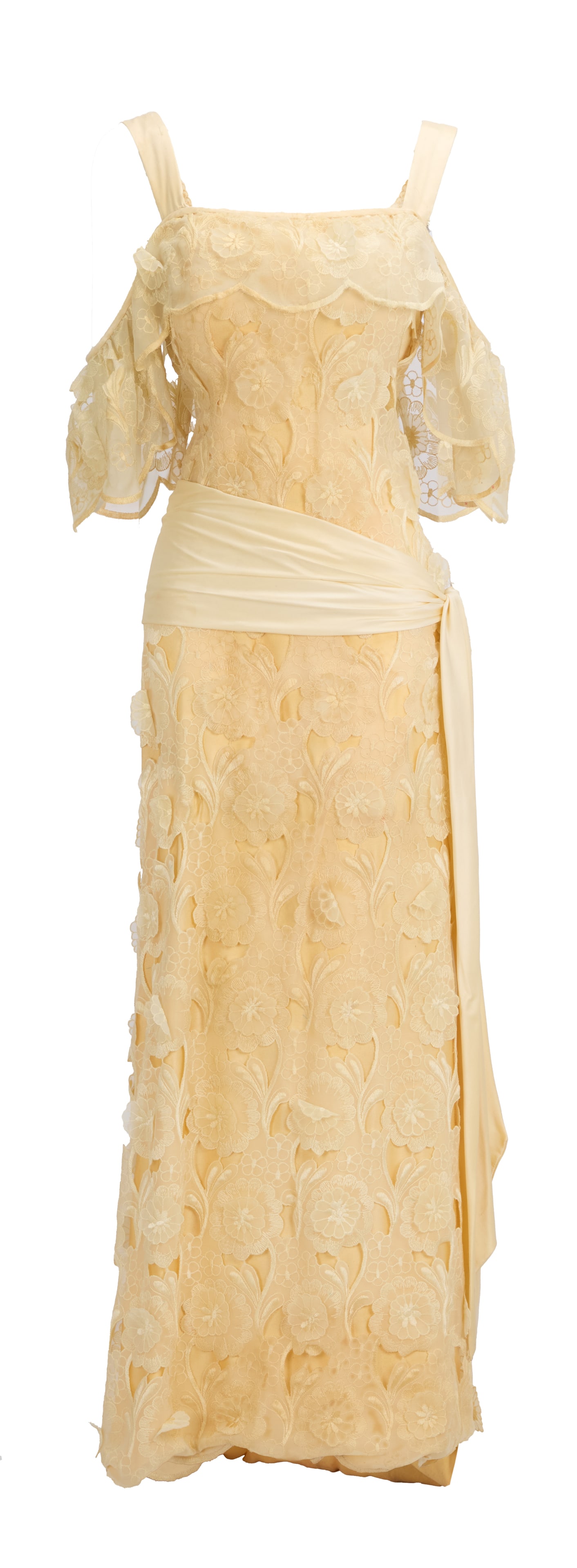 Ann-Margret | 1984 Period Dress from "A Streetcar Named Desire" (I): ABC Television, 1984; a garment made of custard-colored silk jersey with a floral motif lace-overlay; floor-length with slight train at back hem, off-the shoulder top portion, wide shoulder straps, at