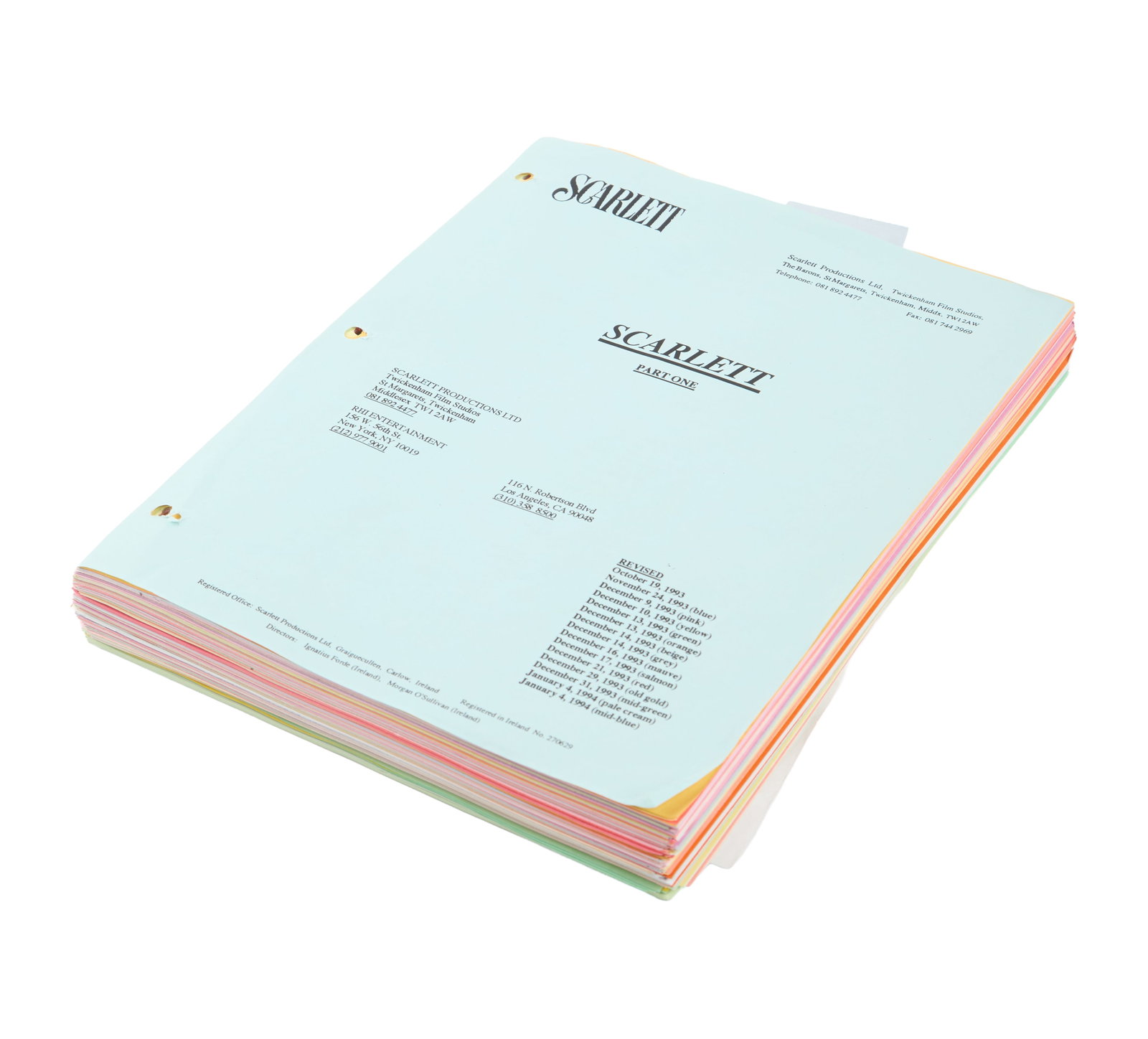 Ann-Margret | 1994 Script from "Scarlett": CBS Television, 1994; no covers, loose-leaf, light blue title page, marked "Part One" and "Revised," dated "January 4, 1994," approximately 125 pages (though out of order and not clear if 100%