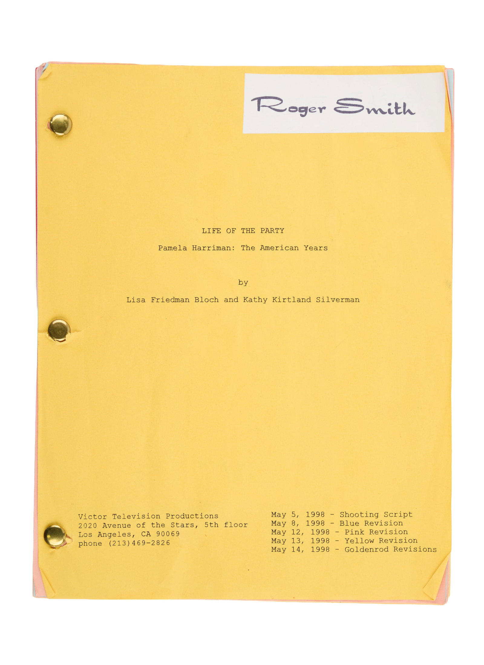 Ann-Margret | 1998 Script from "Life of the Party: The Pamela Harriman Story": Lifetime Television, 1998; no covers, title page marked "Goldenrod Revisions," dated "May 14, 1998," with the star's husband's name [Roger Smith] noted in the upper right corner, 94 pages, a number
