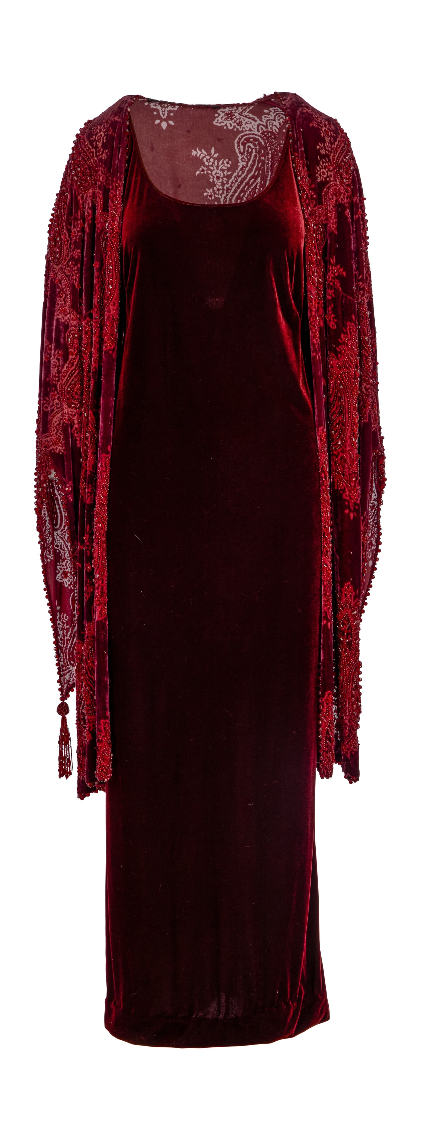 Ann-Margret | 1999 Outfit Worn to the Golden Globe Awards When She Was A Nominee for "Life of the: A two-piece ensemble comprising: a dark rust-colored velvet dress, floor-length, kick pleat in back, sleeveless, back zip-up closure; label reads "Mark Zunino / For / Nolan Miller;" and a coordinating