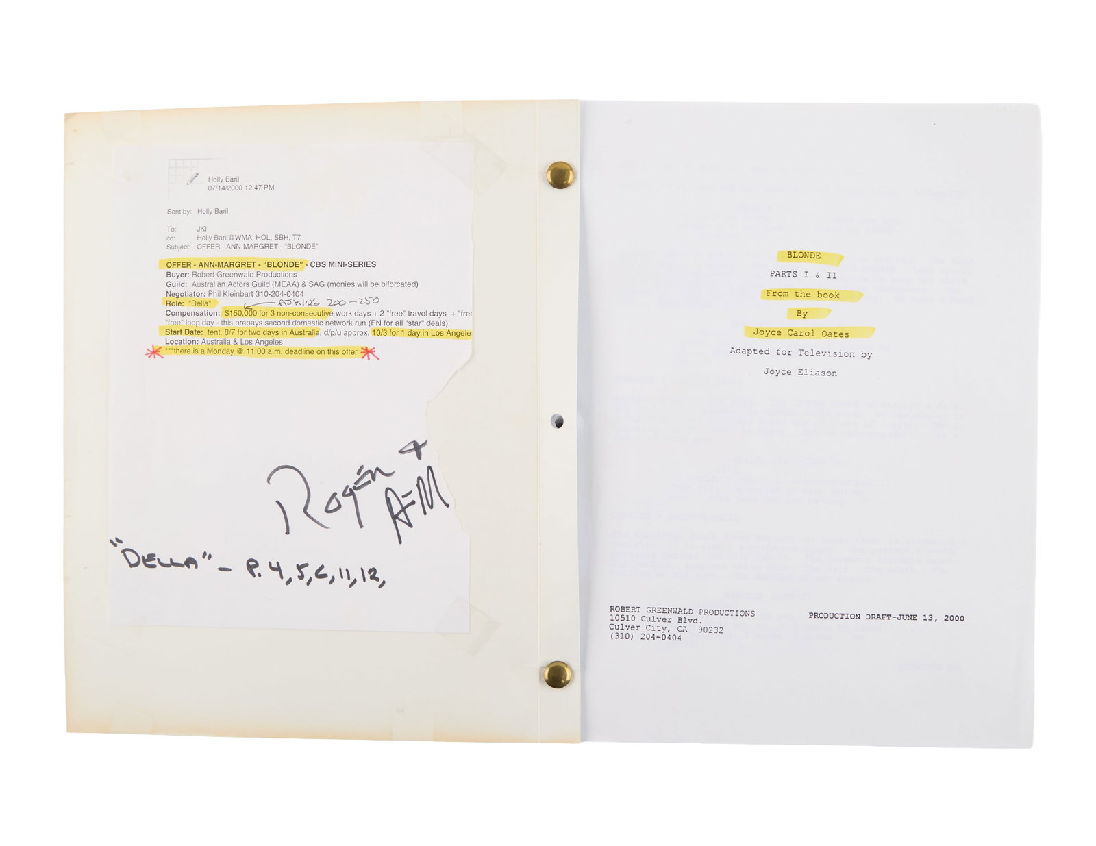 Ann-Margret | 2000 Script from "Blonde": CBS Television, 2001; William Morris Agency covers, marked "Production Draft," dated "June 13, 2000," adapted for television by Joyce Eliason, 183 pages, a printed-out email dated "07/14/2000" outlini