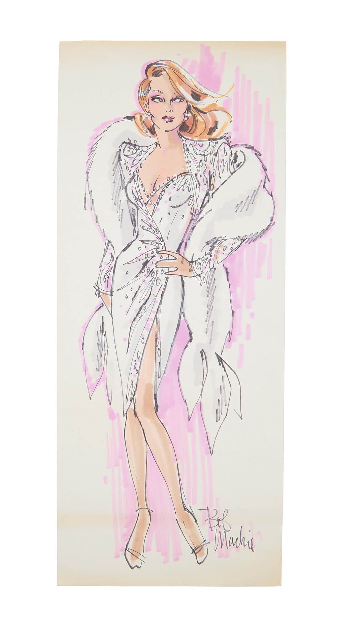 Ann-Margret | 1980s Costume Design Sketch Signed by Bob Mackie: A colored felt-tip ink on paper work, depicting the star in a white sparkly cocktail dress and stole, signed in the lower right corner "Bob Mackie"; included is another drawing by Mackie but unsigned,