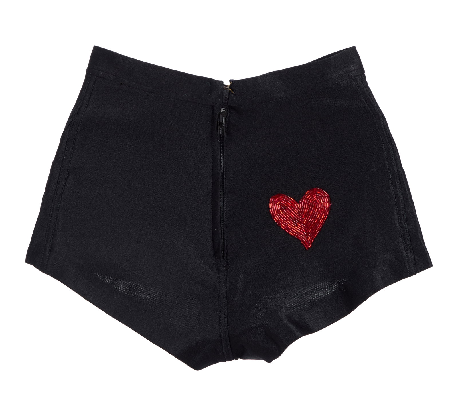 Ann-Margret | 1970s Stage-Worn Black Hotpants by Bob Mackie: A pair made of black stretch Lycra; back left side features a small heart emblem made of red bugle beads, back zip-up closure, label reads "Bob Mackie"; also included is an almost identical pair but w