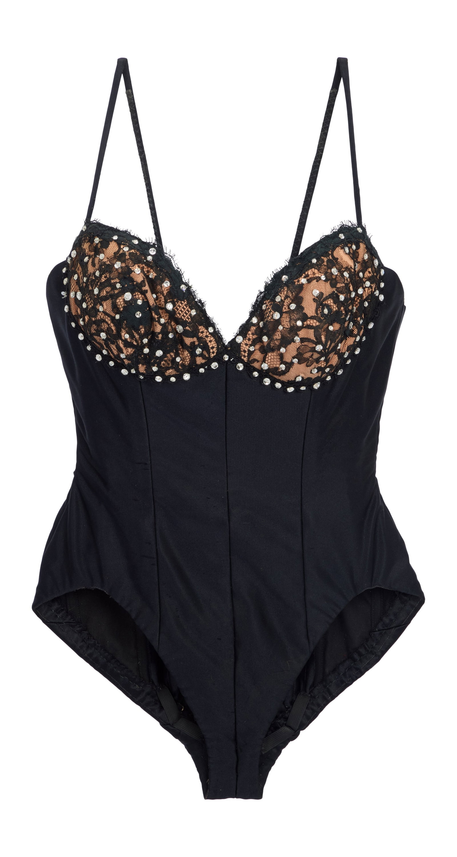 Ann-Margret | 1970s Stage-Worn Black Bodysuit by Bob Mackie: A piece made of black nylon; bust made of nude-colored nylon with a black lace overlay adorned with rhinestones, spaghetti straps; back zip-up and hook-and-eye closure; label reads "Bob Mackie"; worn 