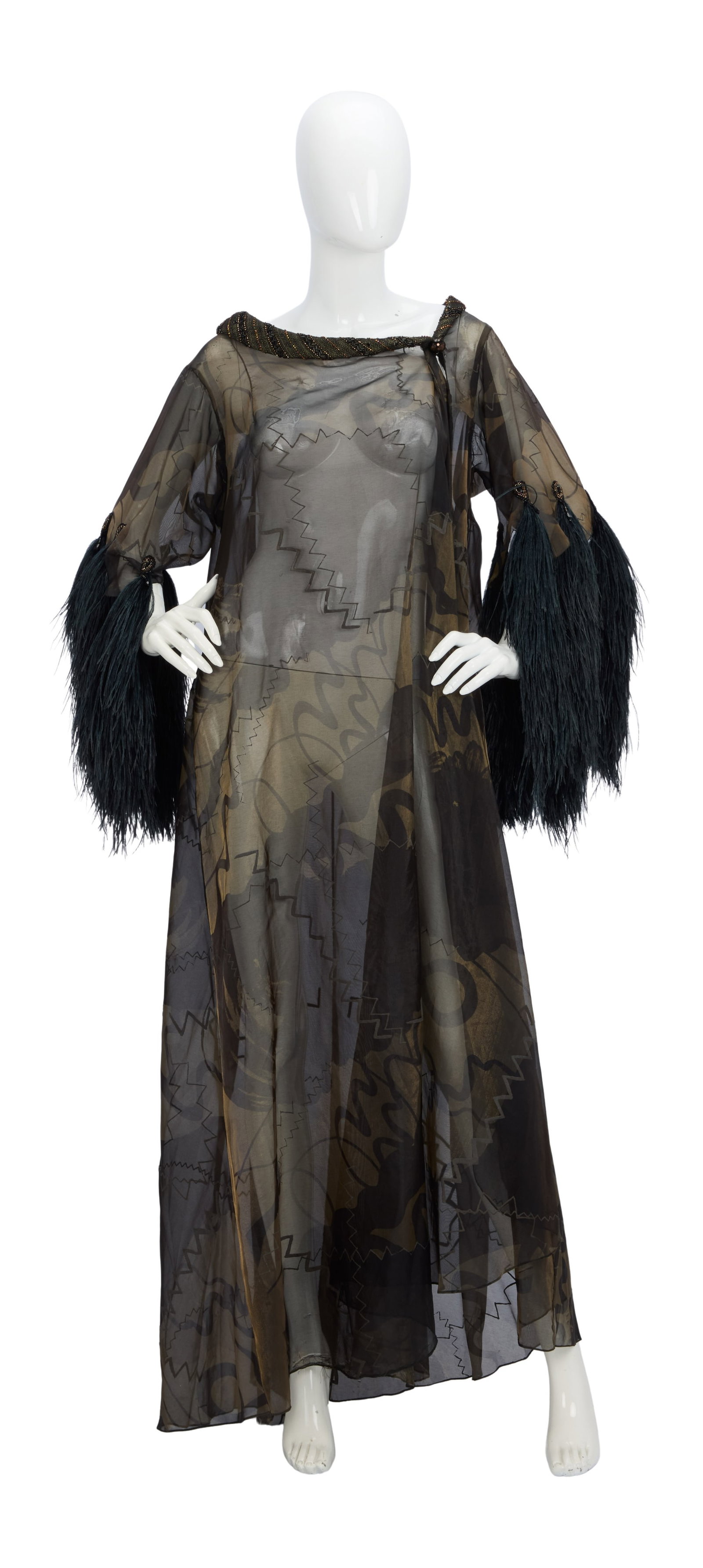 Ann-Margret | 1970s Stage-Worn Peignoirs by Bob Mackie: A group of two; the first made of sheer black silk with an abstract goldish pattern; collar trimmed in like-color beads, sleeves trimmed in black marabou feathers; one button closure at neck; no label