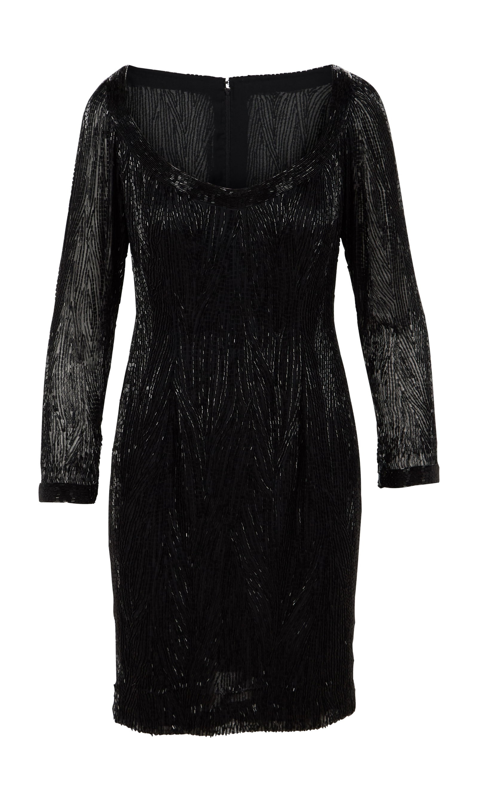 Ann-Margret | 1990s Black Dress by Bob Mackie: A garment made of black silk; knee-length, entirely adorned with bugle beads, long sleeves, boat neck; back zip-up closure; label reads "Bob Mackie"; worn onstage by the star in one of her many live p