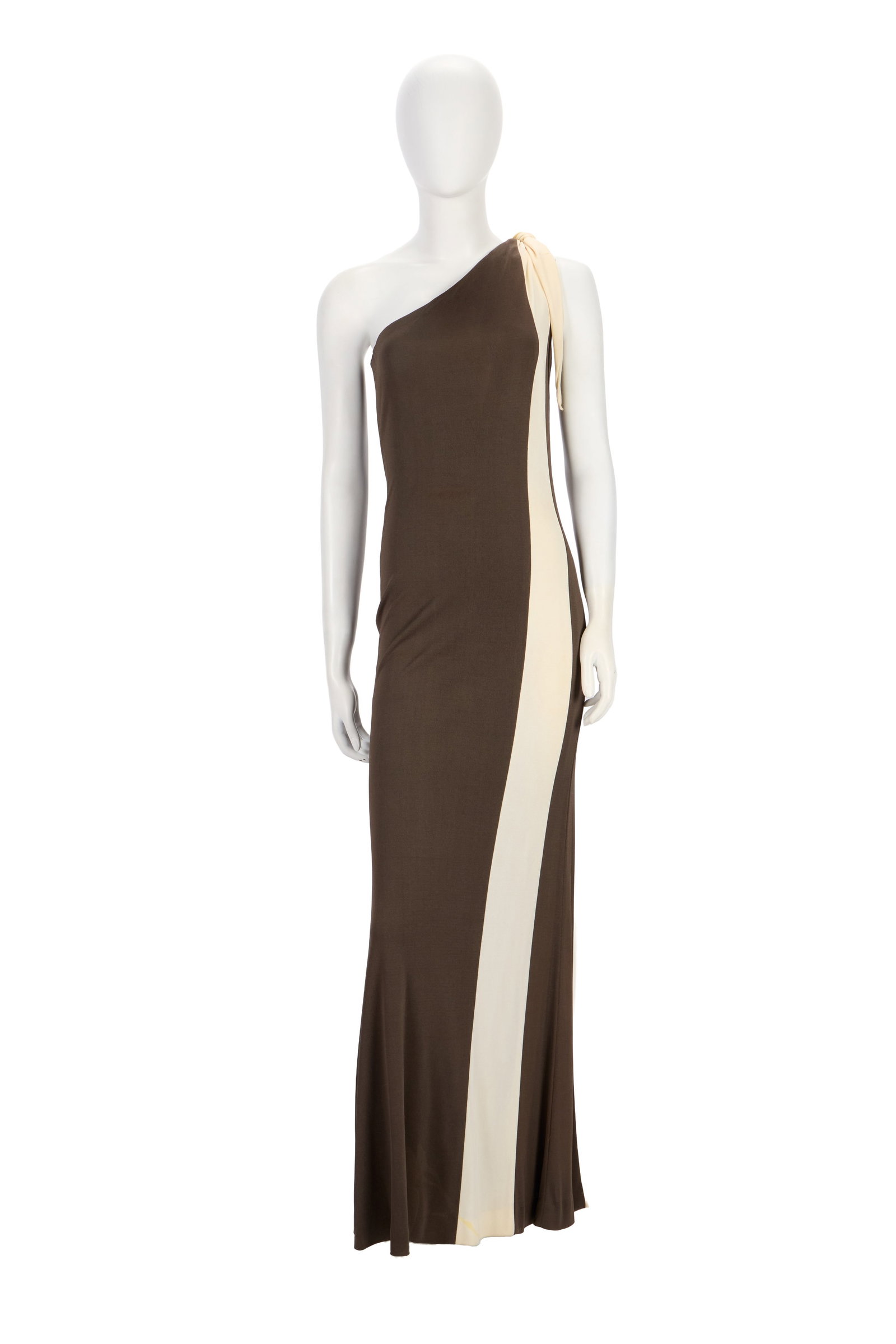 Ann-Margret | 1970s Brown Day Dresses by Ray Aghayan and Bob Mackie: A group of two; the first a halter-top style, floor-length, made of brown silk jersey with two vertical panels of beige silk jersey down the center, left-side zip-up closure, knotted tie at back of ne