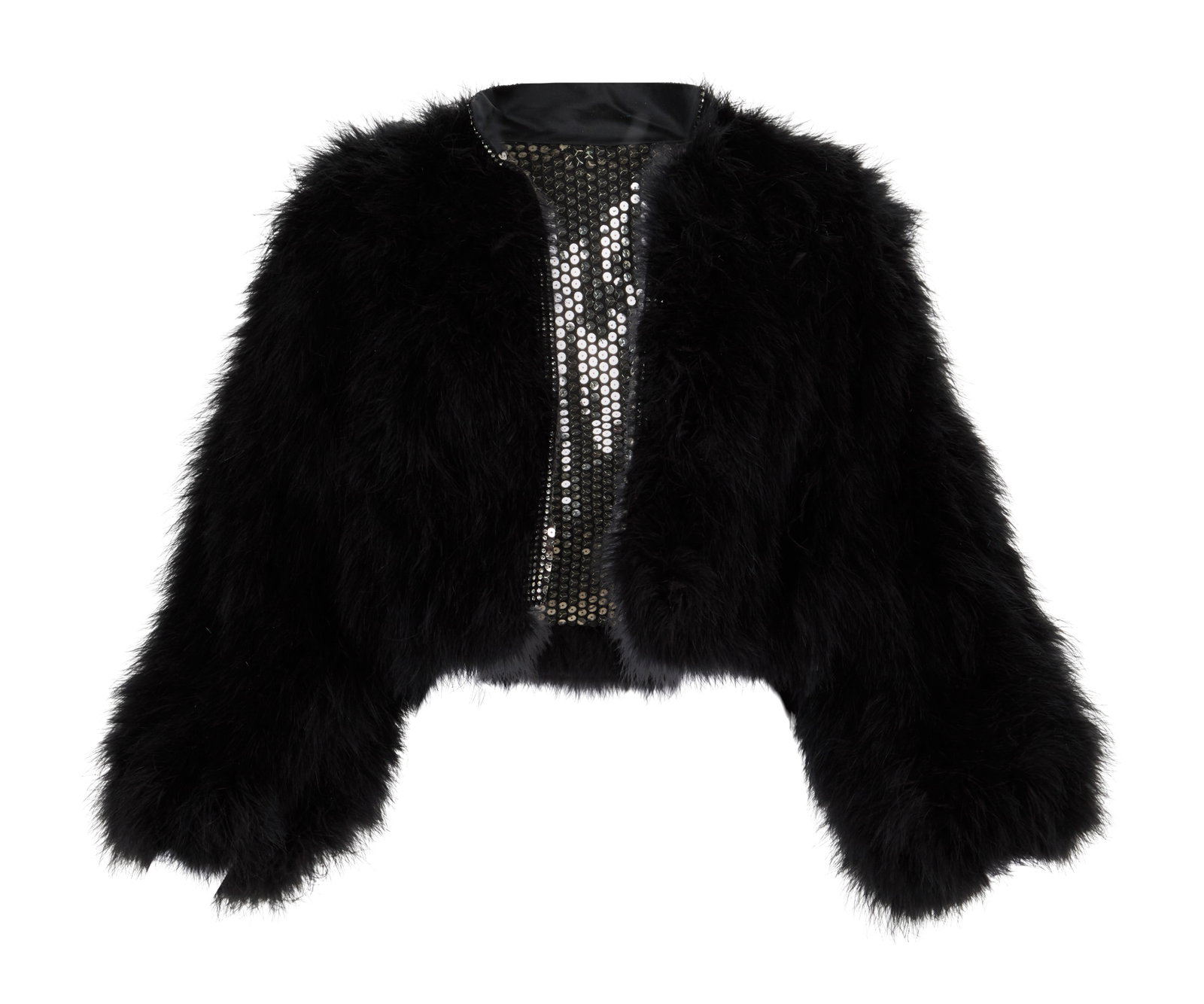 Ann-Margret | 1980s Cropped Jackets by Ray Aghayan and Bob Mackie: A group of two; the first made of black marabou feathers, rhinestone trim, entirely lined in silver-tone sequins; label reads "Ray Aghayan / Bob Mackie"; the second made of hot pink marabou feathers, 