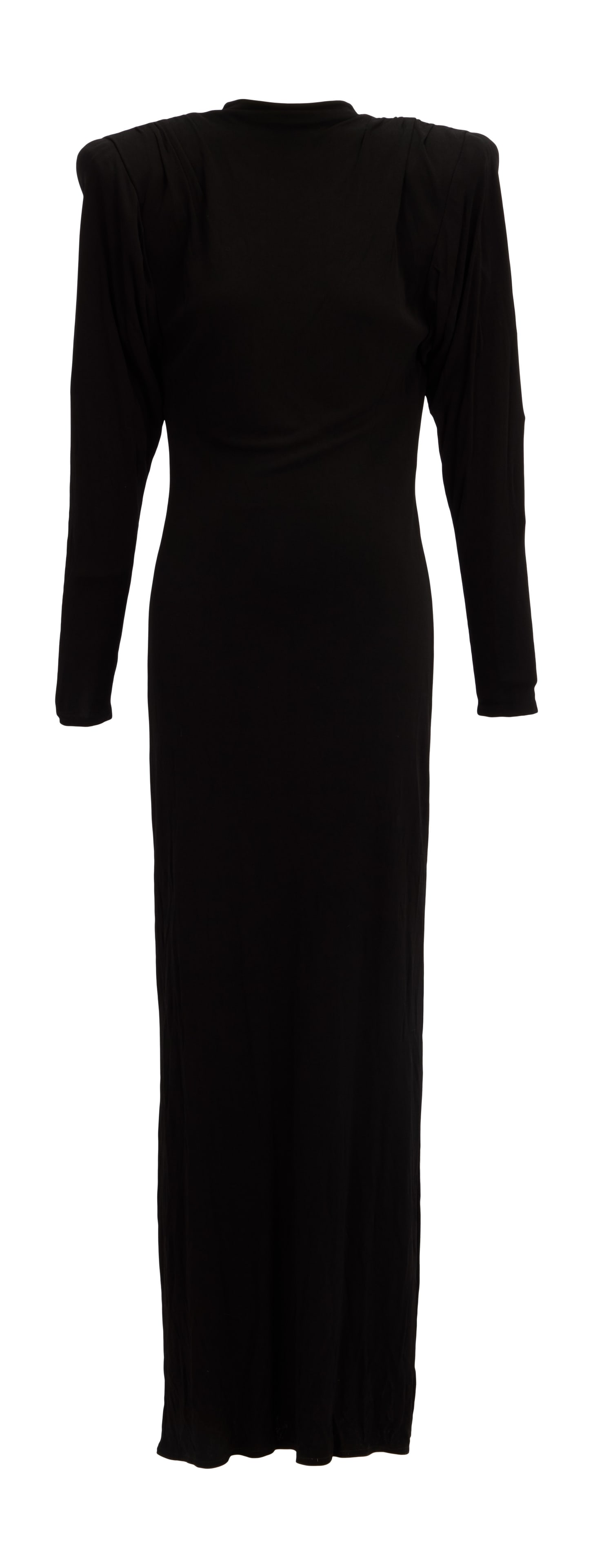 Ann-Margret | 1980s Black Gown by Nolan Miller and One Other: A group of two; the first black silk jersey; floor-length, slit at left knee, long sleeves, high neck, large padded shoulders; back zip-up closure; label reads "Nolan Miller; the second also made of b
