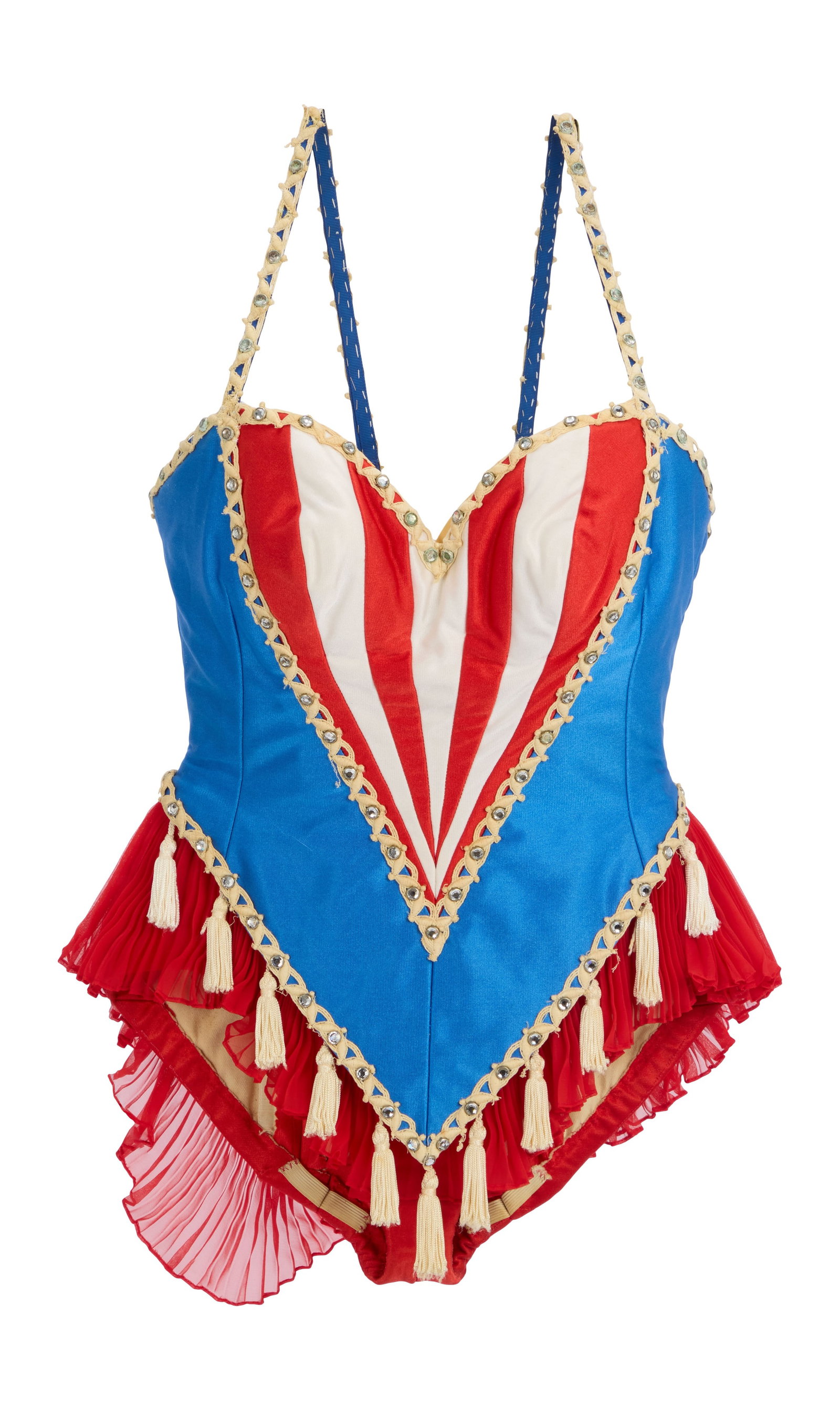 Ann-Margret | 1975 Stage-Worn "Patriotic" Bodysuit from Her Performance at The White House: A garment made of nylon; in a red, white, and blue pattern resembling the American flag, with an attached red accordion-pleated skirt, white tassels at waist, white rickrack adorned with mounted rhine