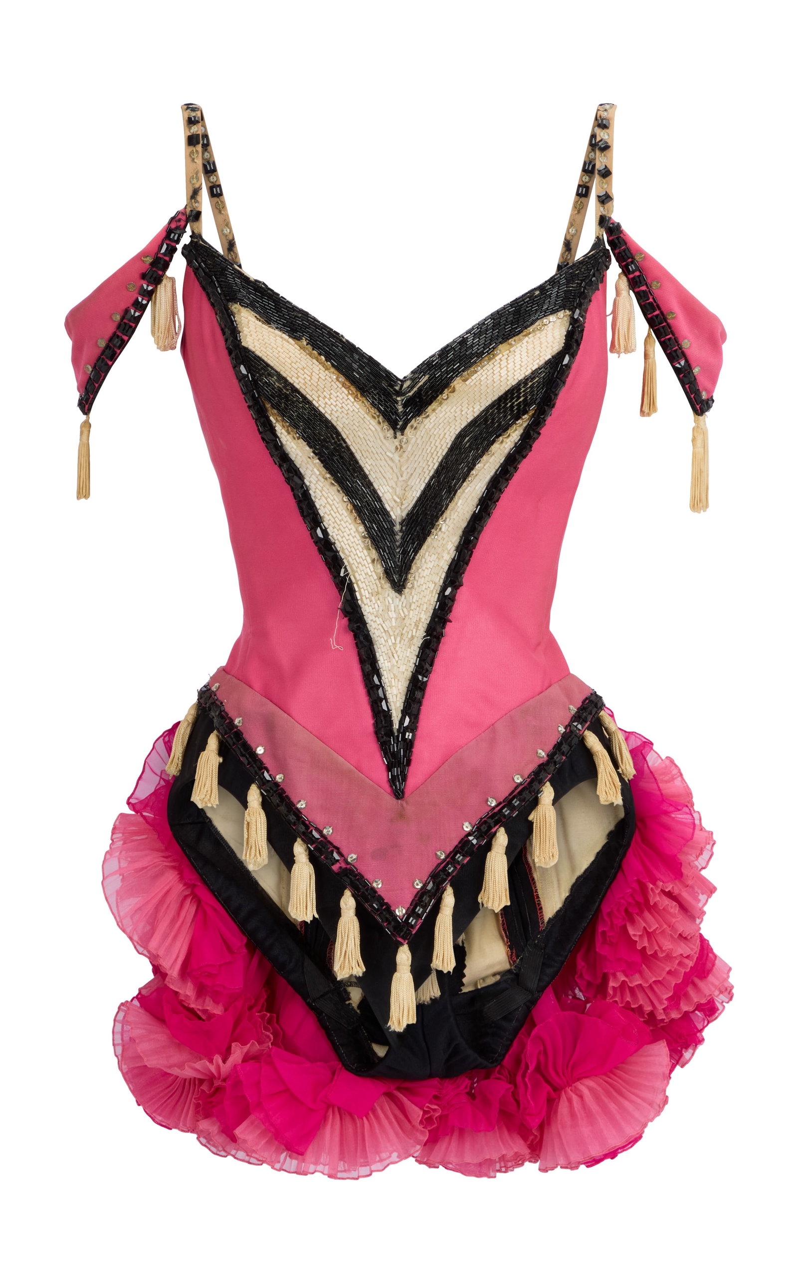 Ann-Margret | 1977 Stage-Worn Pink Costume: A bodysuit made of nylon; in a hot pink, black, and white design, heavy bugle beading of like-colors on chest, with attached hot and pale pink ruffles on back, white tassels at waist, bejeweled spaghe