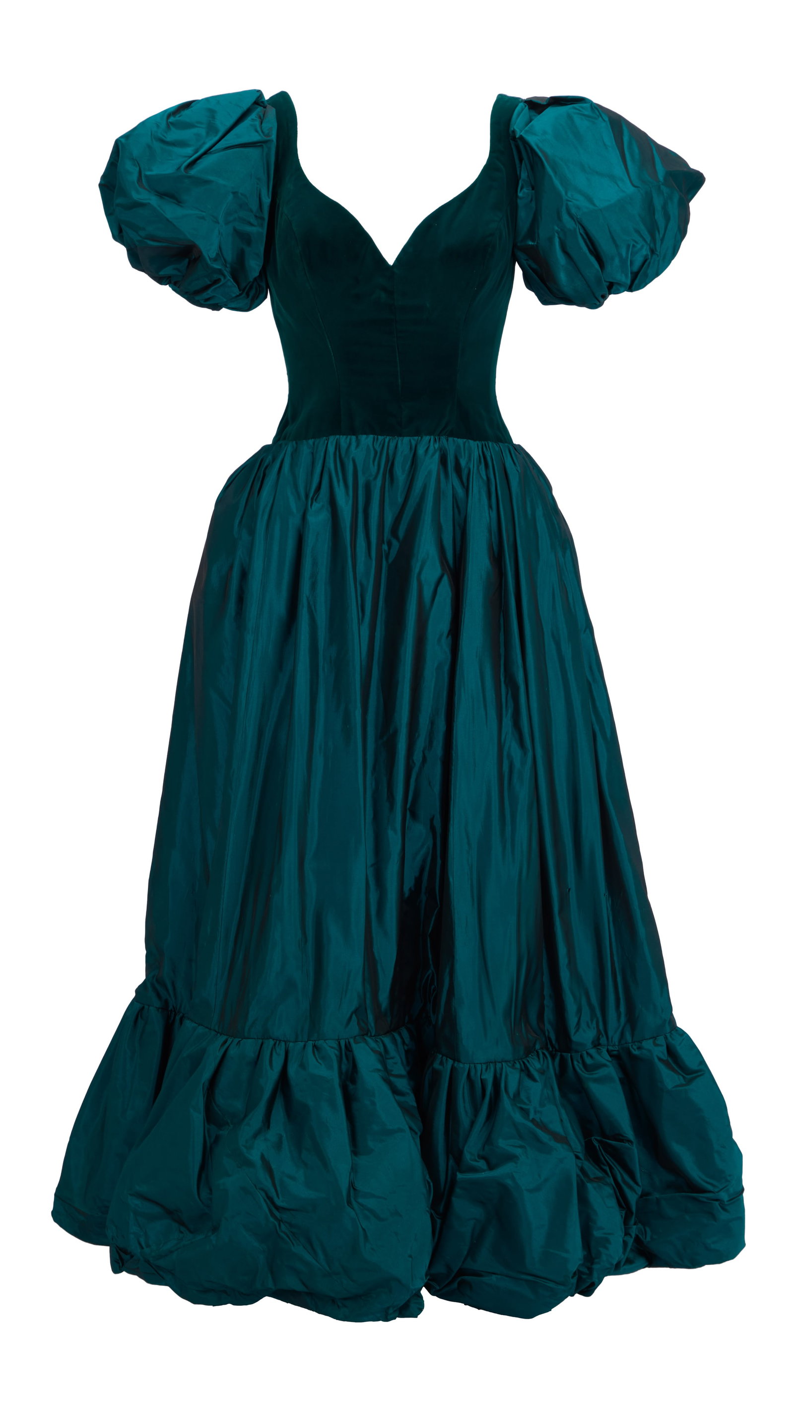 Ann-Margret | 1990s Teal Gown: A garment made of deep teal silk taffeta; floor-length, large and wide ruffle at hem, bodice made of same-color velvet, capped puffy sleeves, V-neck, scoop back, back zip-up and hook-and-eye closure;