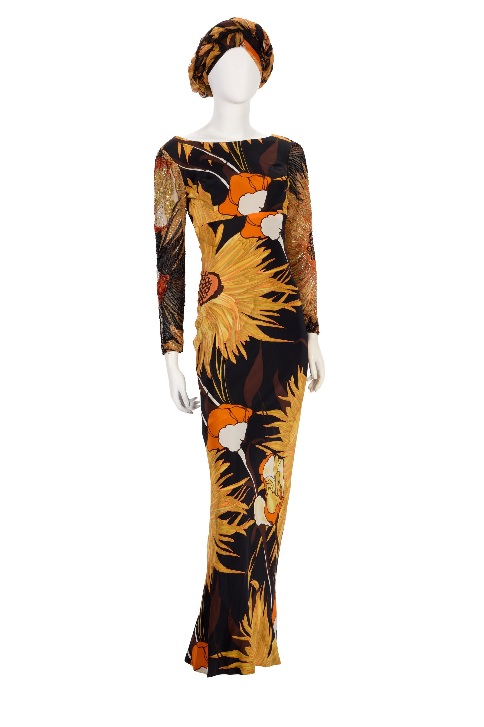 Ann-Margret | 1990s Floral Pattern Gown: A garment made of silk; with a yellow, orange, brown and black floral pattern; floor length, elaborately beaded long sleeves with a zip-up closure on inner seam, V-back, back zip-up and hook-and-eye