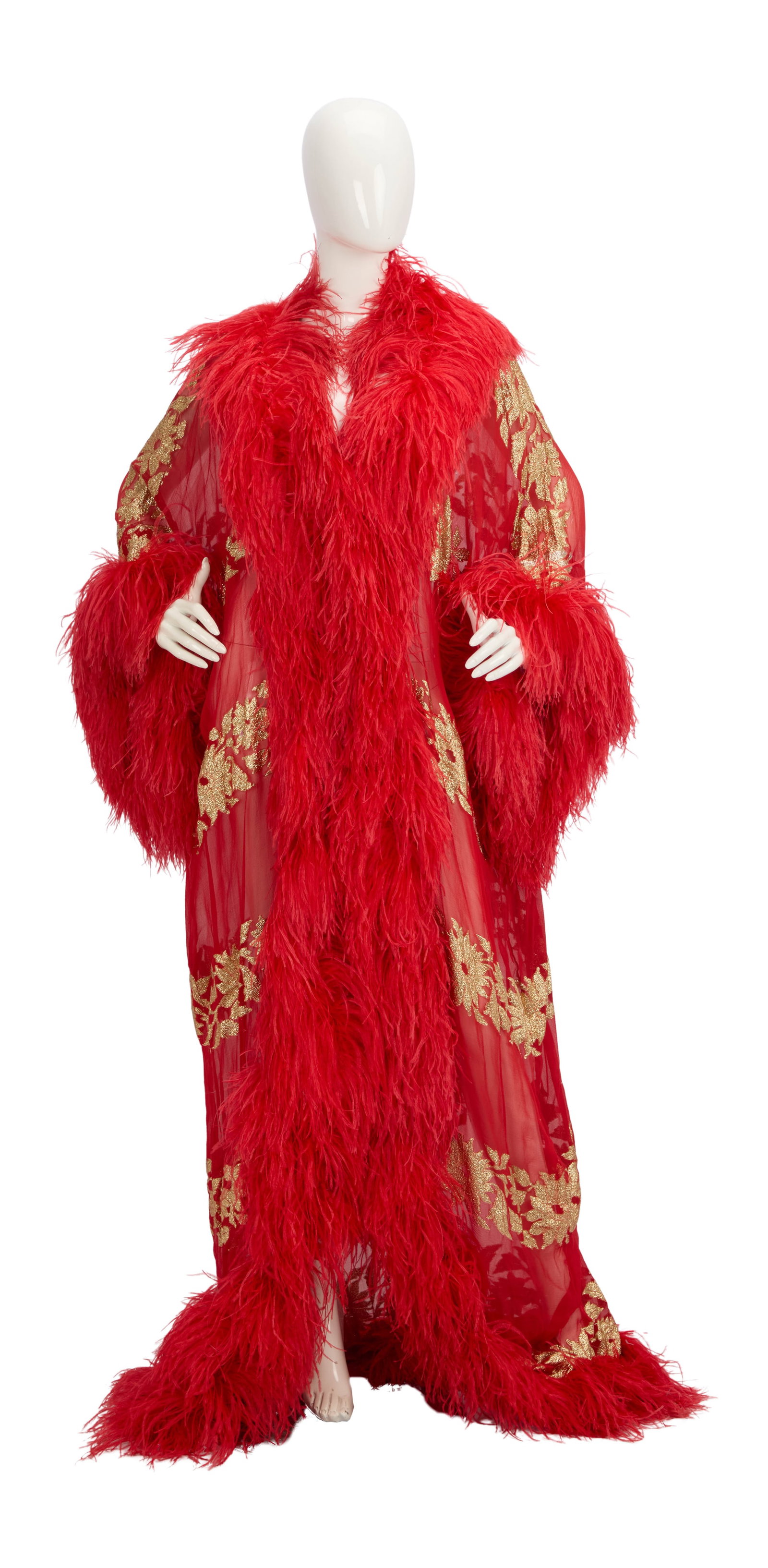 Ann-Margret | 1977 Stage-Worn Fancy Red Peignoir: A piece made of sheer red silk adorned with a gold lam? floral motif; floor-length, three-quarter length sleeves, entirely trimmed in red marabou feathers; worn onstage by the star in one of her many