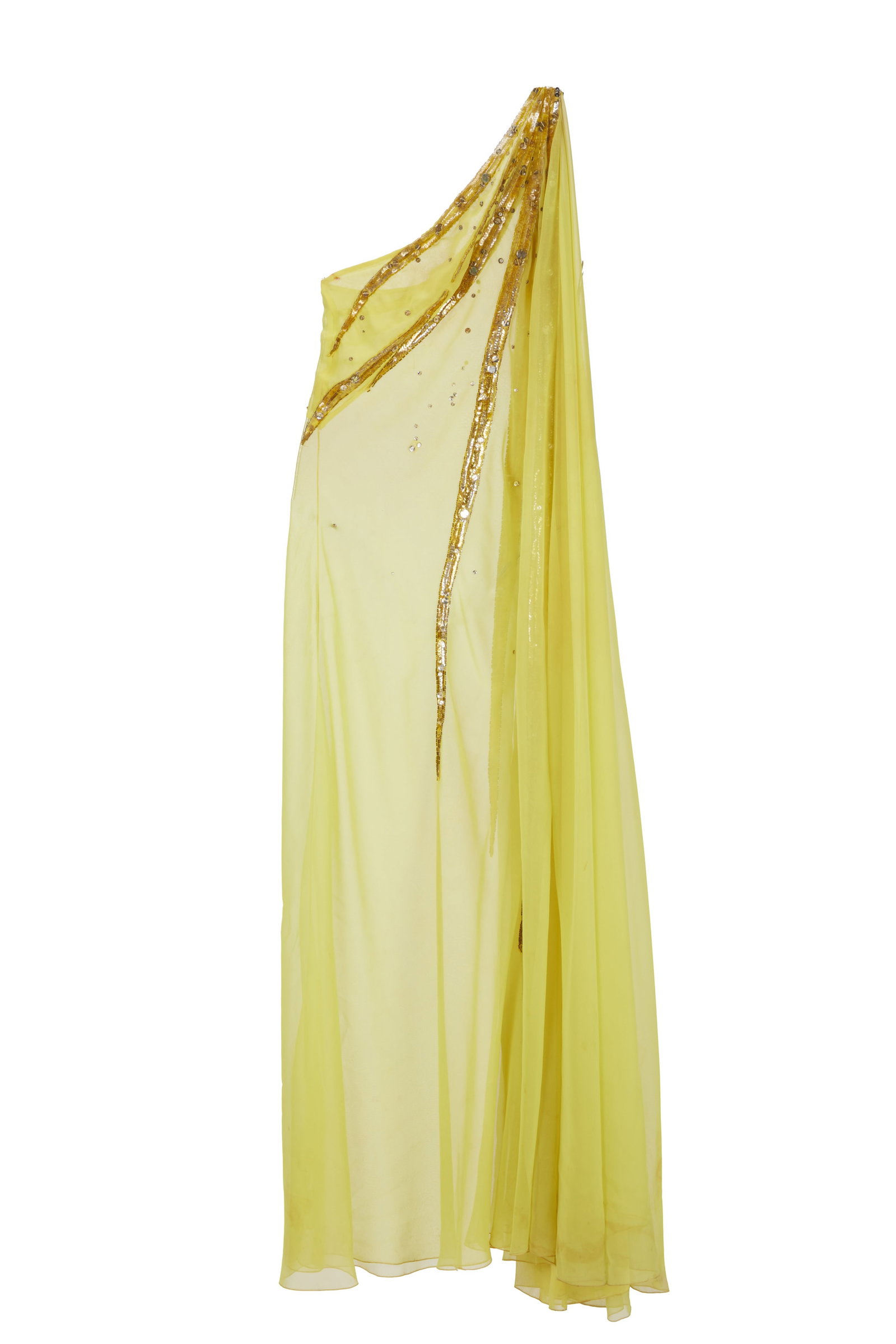 Ann-Margret | 1970s-1980s Costume Capes/Drapes: A group of two; the first a flowy chartreuse yellow silk cape, floor length, adorned with gold and silver-tone sequins, hook-and-eye closure on left shoulder; the second a flowy royal purple silk