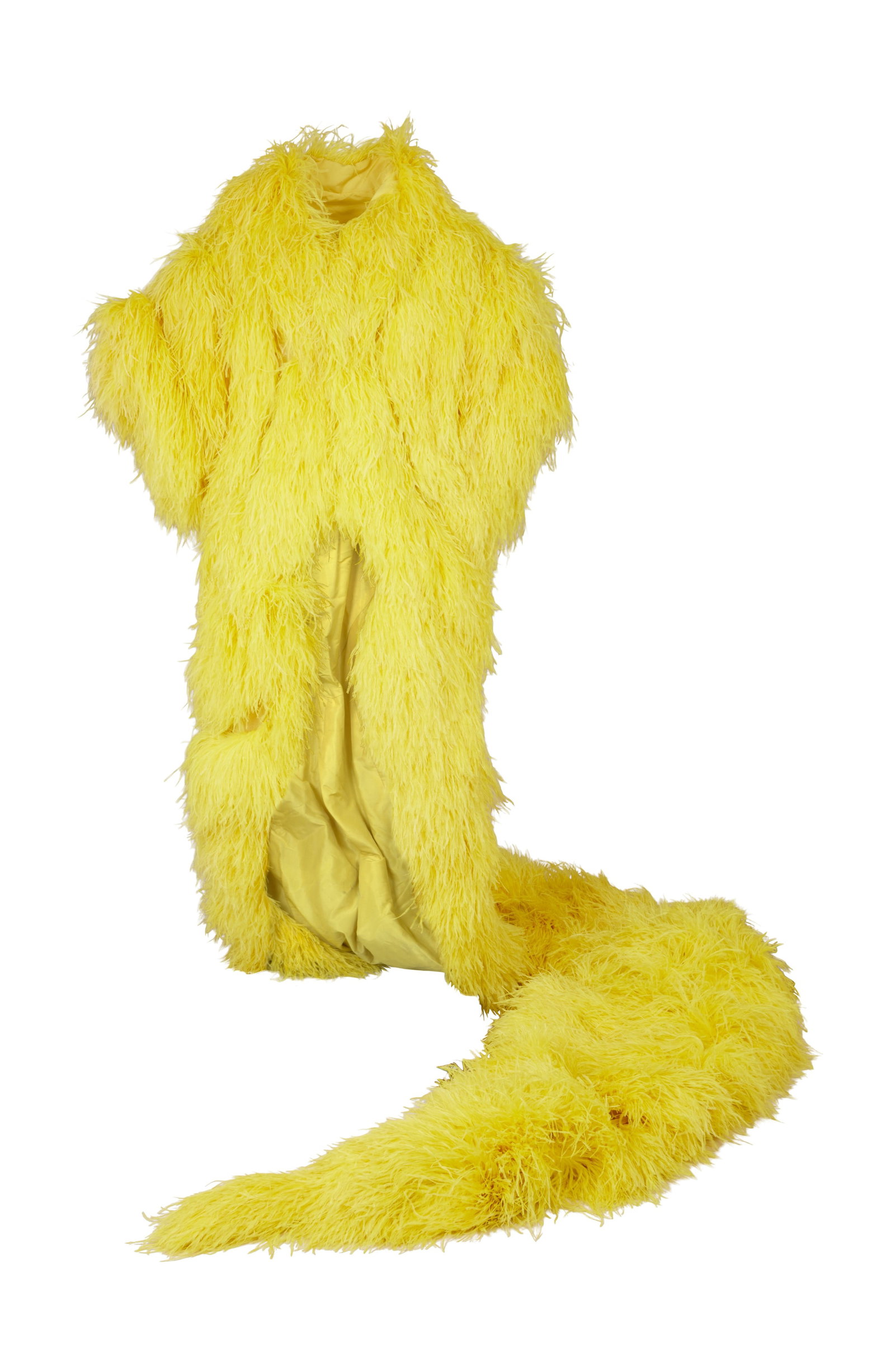 Ann-Margret | 1980s Stage-Worn Yellow Feather Coat: A stunning garment; made of canary yellow silk entirely adorned with same-color marabou feathers, short sleeves, with an enormously long train measuring approximately 70 inches, lined in same-color