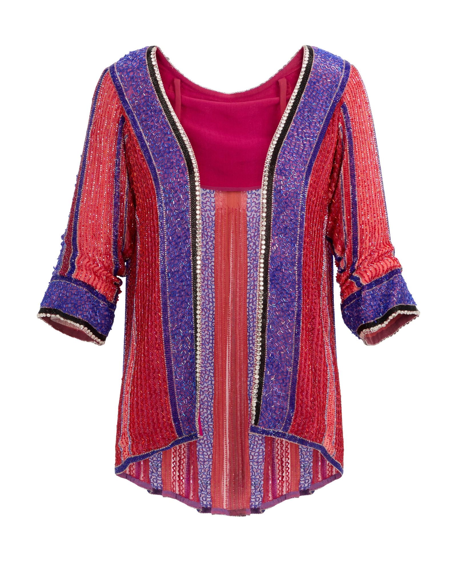 Ann-Margret | 1990s Fancy Eveningwear Tops: A group of three; the first a black silk blouse, long sleeves, entirely adorned with red, white and mauve sequins, label reads in part "Oleg Casini," size L; the second a jacket, made of black satin,