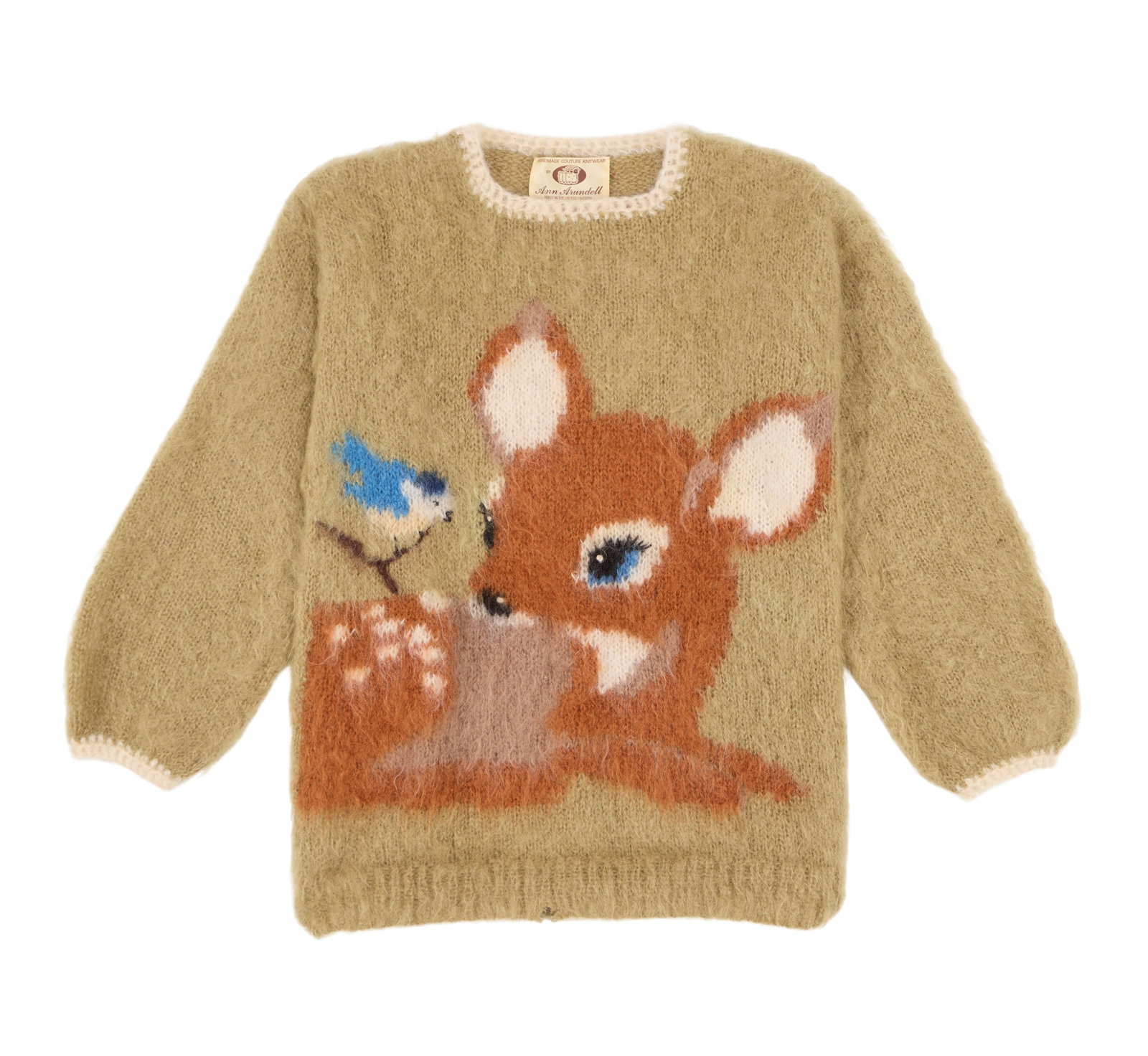 Ann-Margret | 1980s Adorable "Baby Deer" Sweater: A beigish-tan angora-blend crewneck; with a darling image resembling "Bambi" and a bluebird on the front, label reads in part "Ann Arundell / Made in the United Kingdom," no size present.