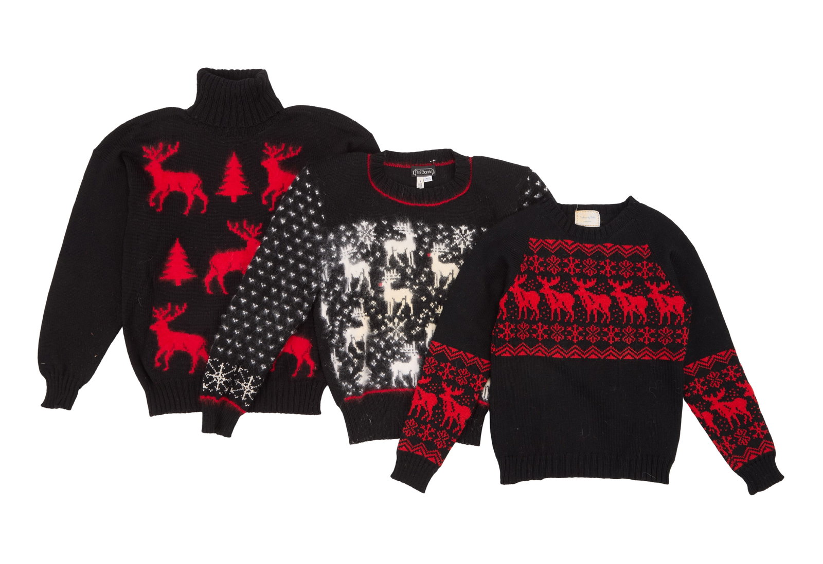 Ann-Margret | 1980s "Reindeer" Sweaters: A group of three; the first a 100% black wool turtleneck with a red angora deer and pine tree pattern, label reads "Jane Smith / Aspen," size M; the second is a 100% black wool crewneck with a white