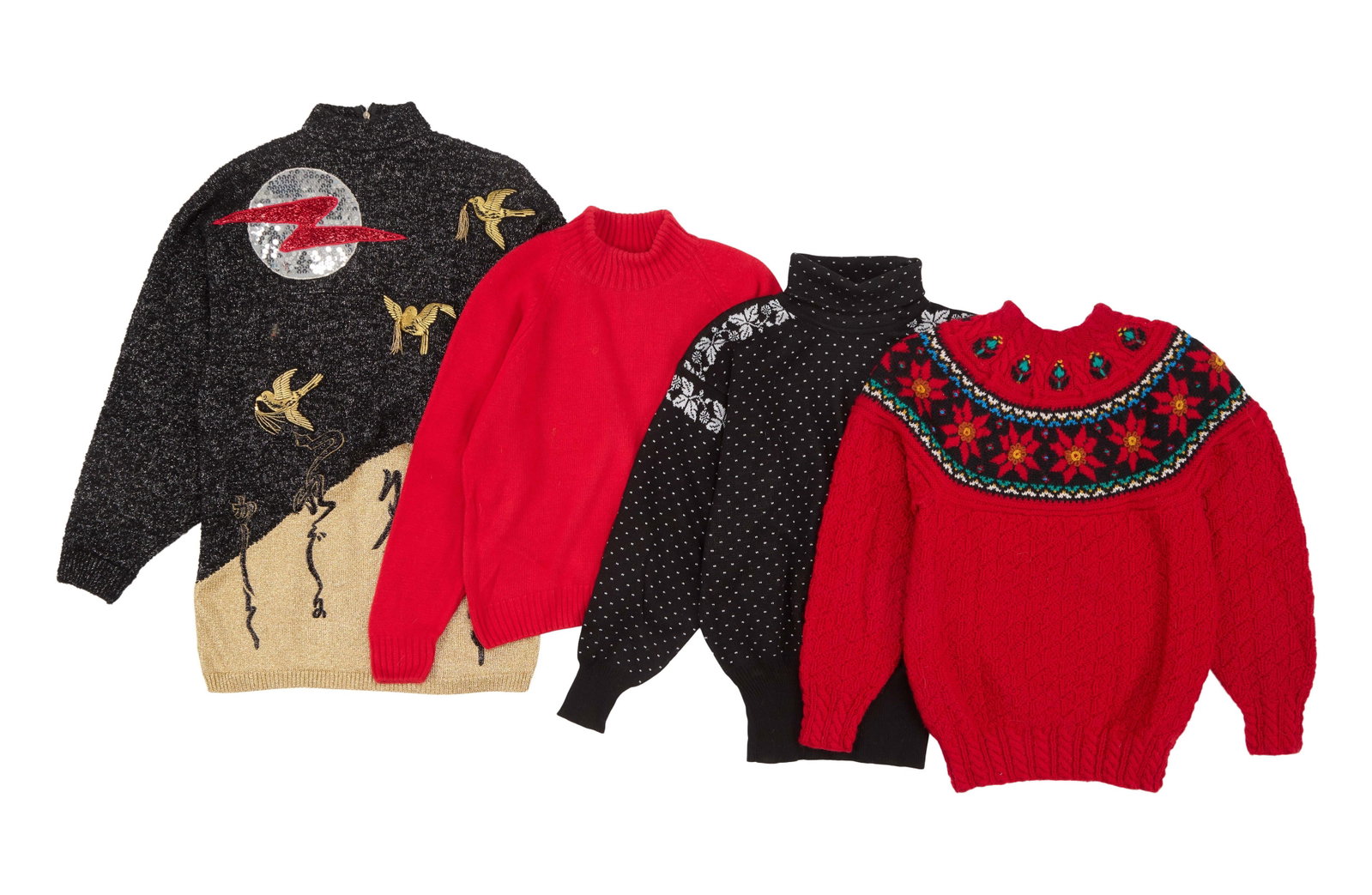 Ann-Margret | 1980s Winter Sweaters: A group of four; the first is a mostly black and gold acrylic-blend mock turtleneck with an Asian motif, label reads "Yamamoto Kansai," size S; the second is a plain red acrylic mock turtleneck, label