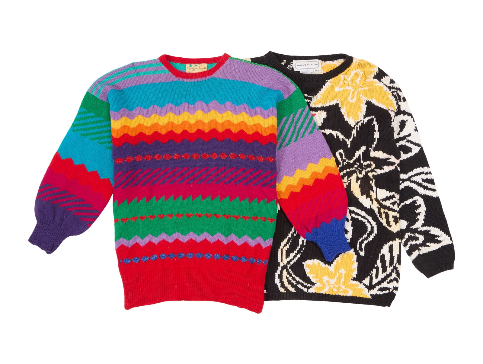 Ann-Margret | 1980s Colorful Sweaters: A group of two; the first a wool-blend crewneck with a multi-hue rainbow pattern, label reads in part "Maggie White," no size present; the second a 100% cotton crewneck with a black, yellow, and