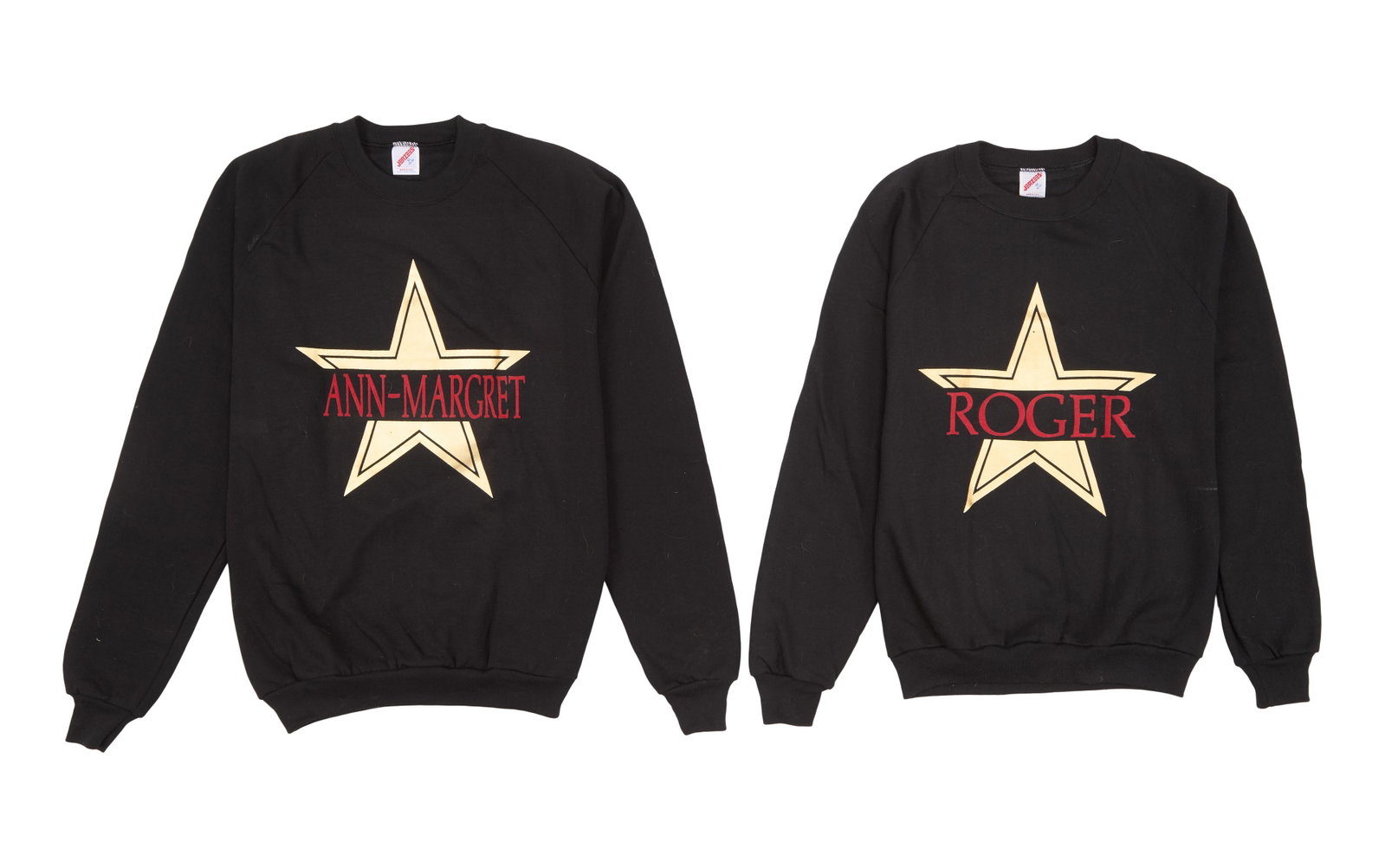 Ann-Margret | 2000s Personalized Sweatshirts: A group of two; the first a black cotton-blend, with red lettering on the front reading "Ann-Margret" printed in-between a large gold star, label reads in part "Jerzees," size XL; the second