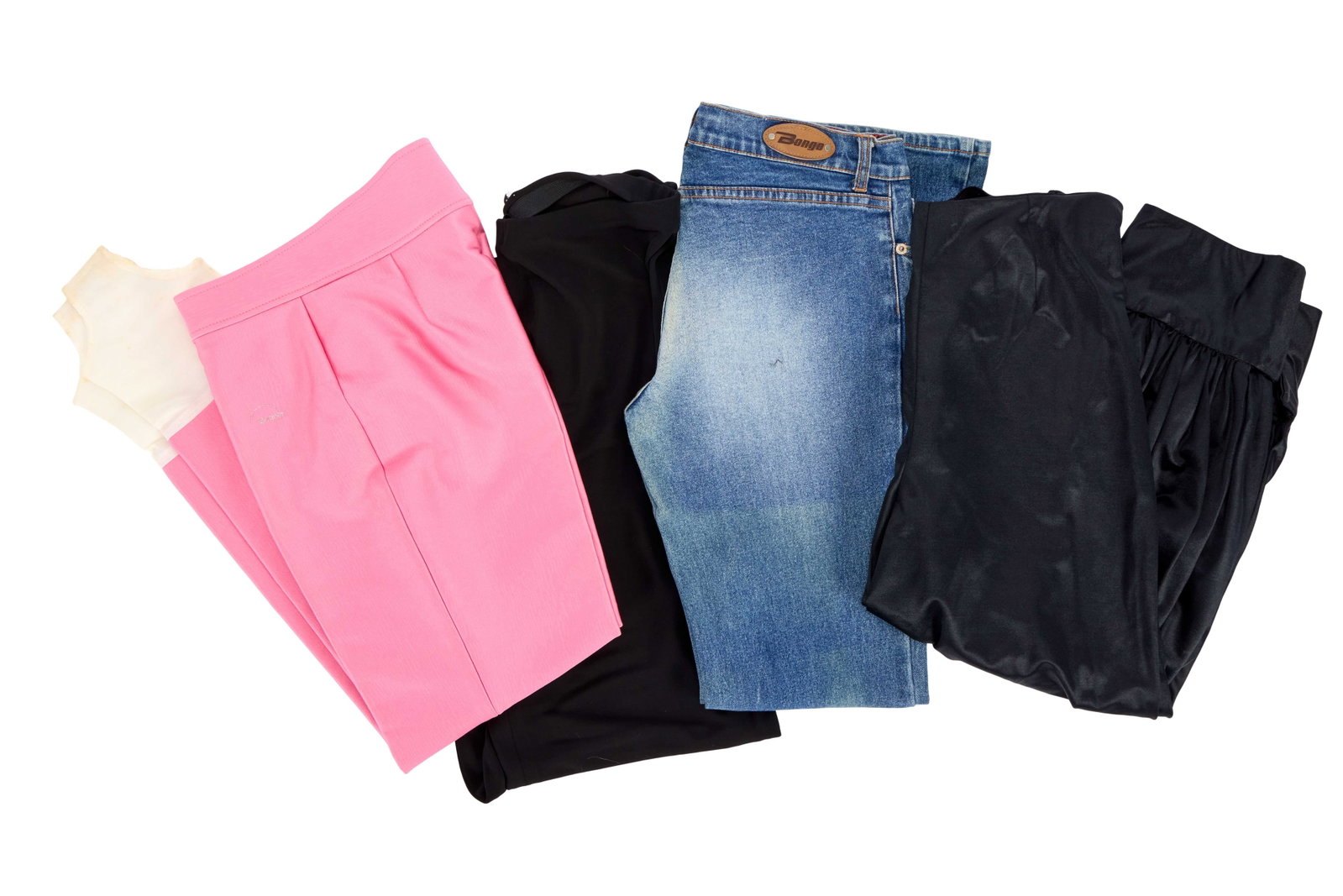 Ann-Margret | 2000s Casual Pants: A group of four; the first a pair of jeans by Bongo, teen size 7; the second a pair of cotton candy pink ski pants by Bogner, size 8; the third a pair of black rayon casual pants by Six Fourteen,