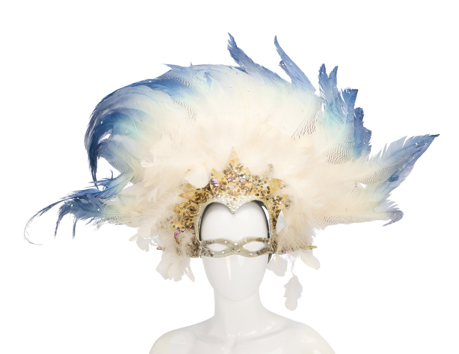 Ann-Margret | 1980s Spectacular Feathered Headdress: A large and elaborate piece; made of mesh fabric with an "eye mask" part, painted silver and adorned with sequins, rhinestones, and fabric leaf "cut-outs," top portion adorned with extra-long white