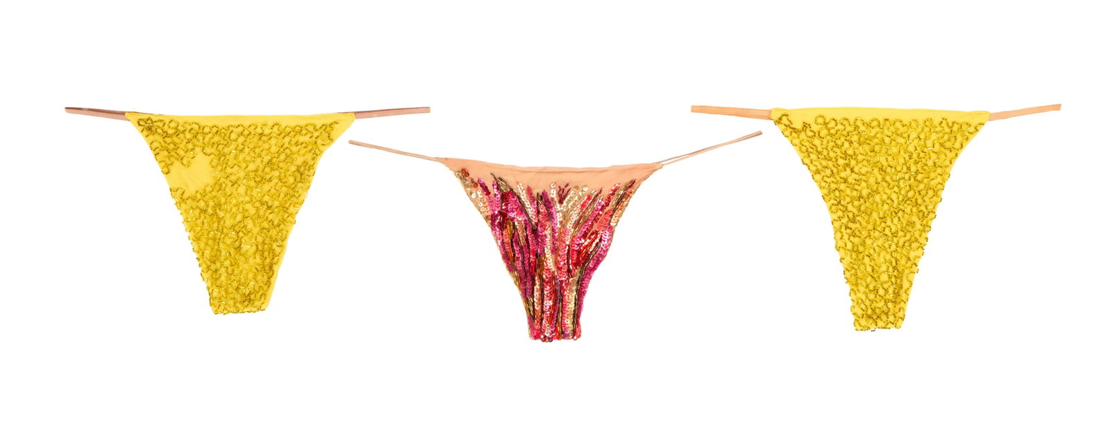 Ann-Margret | 1980s Stage-Worn G-String Underwear: A group of three; two are made of canary yellow silk adorned same-color bugle beads (some beading is missing from one pair); one is made of nude-colored cotton adorned with red and magenta sequins;