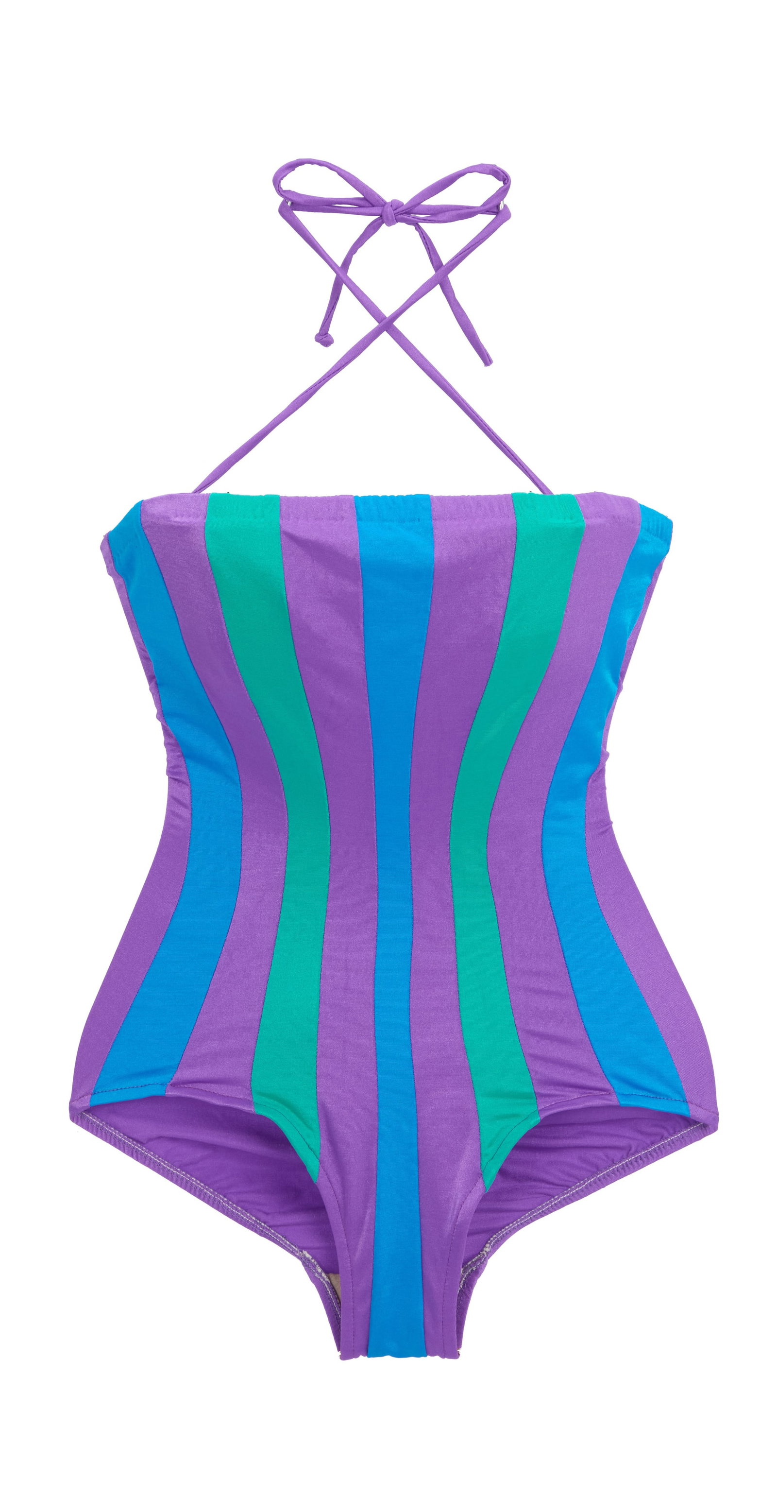 Ann-Margret | 1990s Bathing Suits: A group of two; both one pieces; the first violet with blue and teal vertical stripes down the front, label reads in part "Gabar" and size "6"; the second white with a multi-color floral print, label