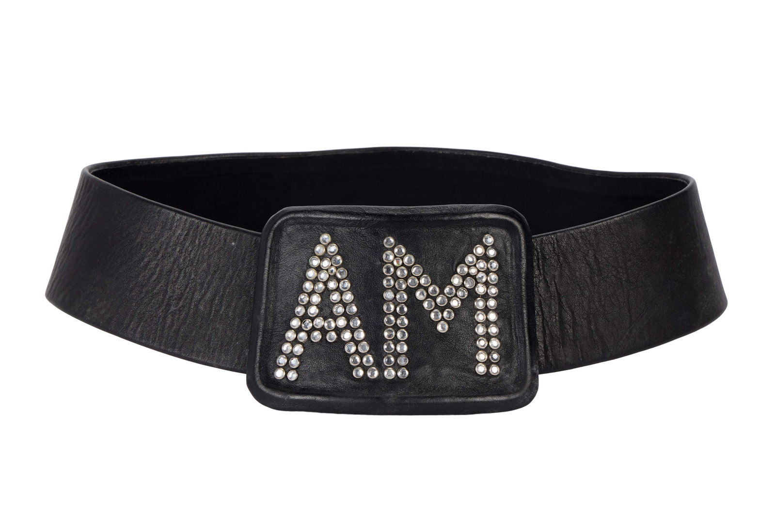 Ann-Margret | 1980s Stage-Worn Belt: A wide piece made of black leather; huge "faux buckle" adorned with rhinestone studs reading "AM," Velcro closure; worn onstage by the star in one of her many live performances. 