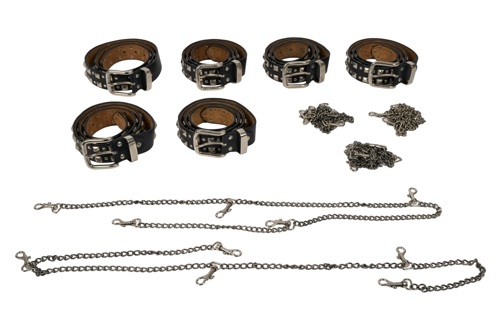 Ann-Margret | 1990s Stage-Worn Belts: A group of six; all identical, made of black leather with silver-tone metal studs and buckles, stamped on the lining in part "Genuine / Leather" and "Italy Style"; included with five additional
