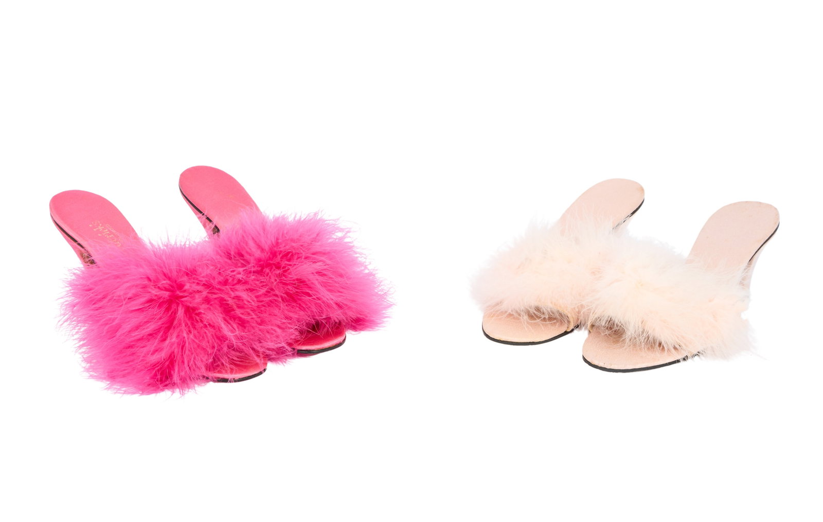 Ann-Margret | 1970s-1980s Fancy Slippers: A group of two pairs; the first hot pink satin, high heels, trimmed in same-color marabou feathers, label reads "Frederick's / of Hollywood," no size but an apparent 5 ?; the second pale pink satin, b