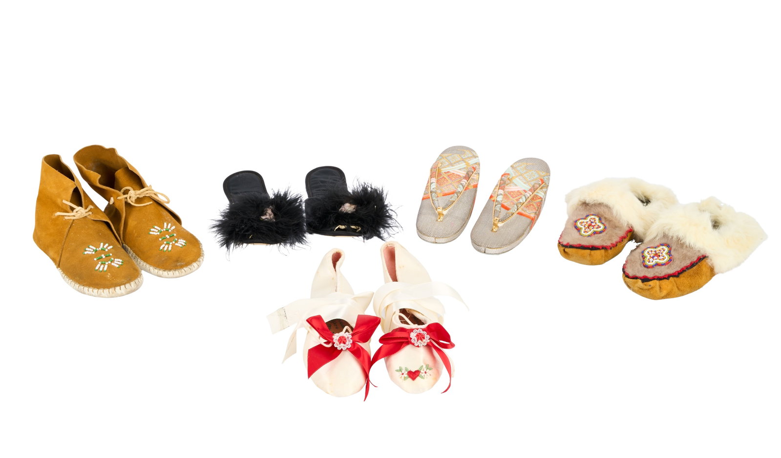 Ann-Margret | 1970s-1980s Miscellaneous Shoes: A group of five pairs; the first tan suede moccasins, adorned with beige and white rabbit fur and beading; the second tan suede moccasins, adorned with beading, label reads "Taos"; the third black sat