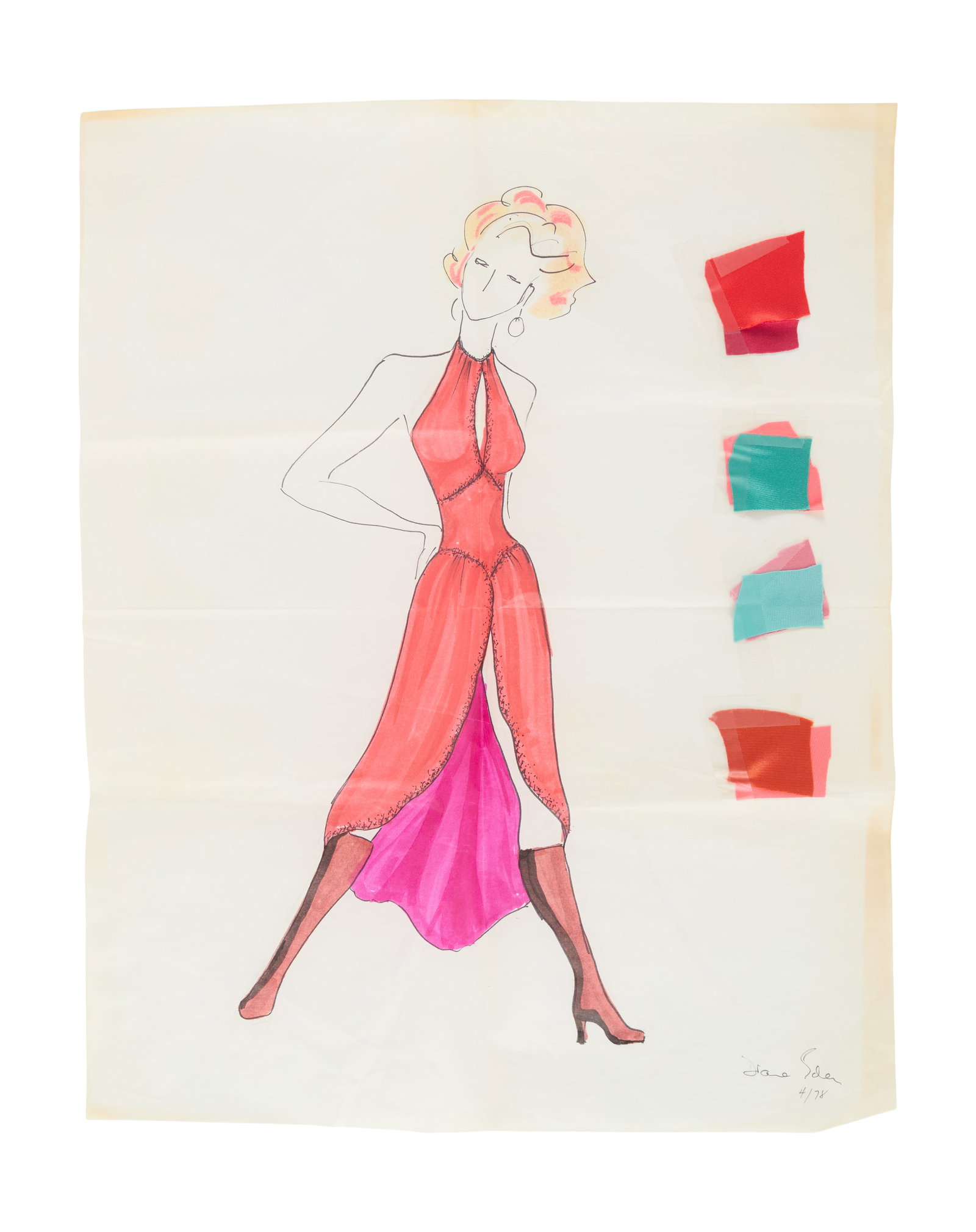 Ann-Margret | 1978 Costume Design Sketches Signed by Diane Eden: A group of seven; created for one of the star's stage shows; all colored felt-tip ink on paper; five depict abstract images of Ann-Margret in various disco ensembles, three of which have added fabric 