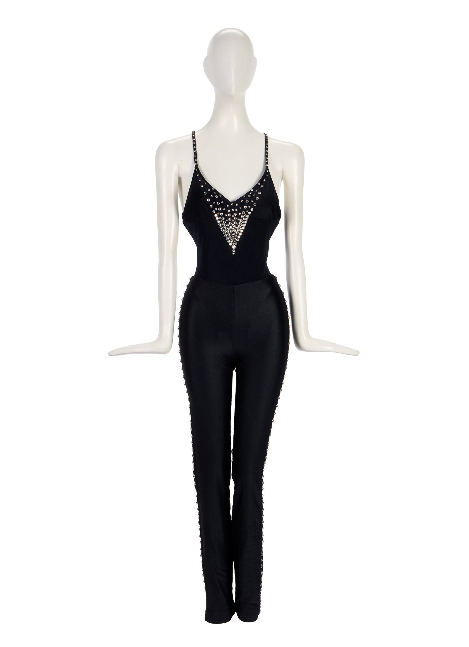 Ann-Margret | 1980 Outfit by Bob Mackie Worn on the Cover of Her Self-Titled Album "Ann-Margret": A two-piece ensemble; the first a black nylon leotard/bodysuit, bust adorned with rhinestone studs, spaghetti straps with same rhinestones ending in a criss-cross pattern on back, label reads in part 