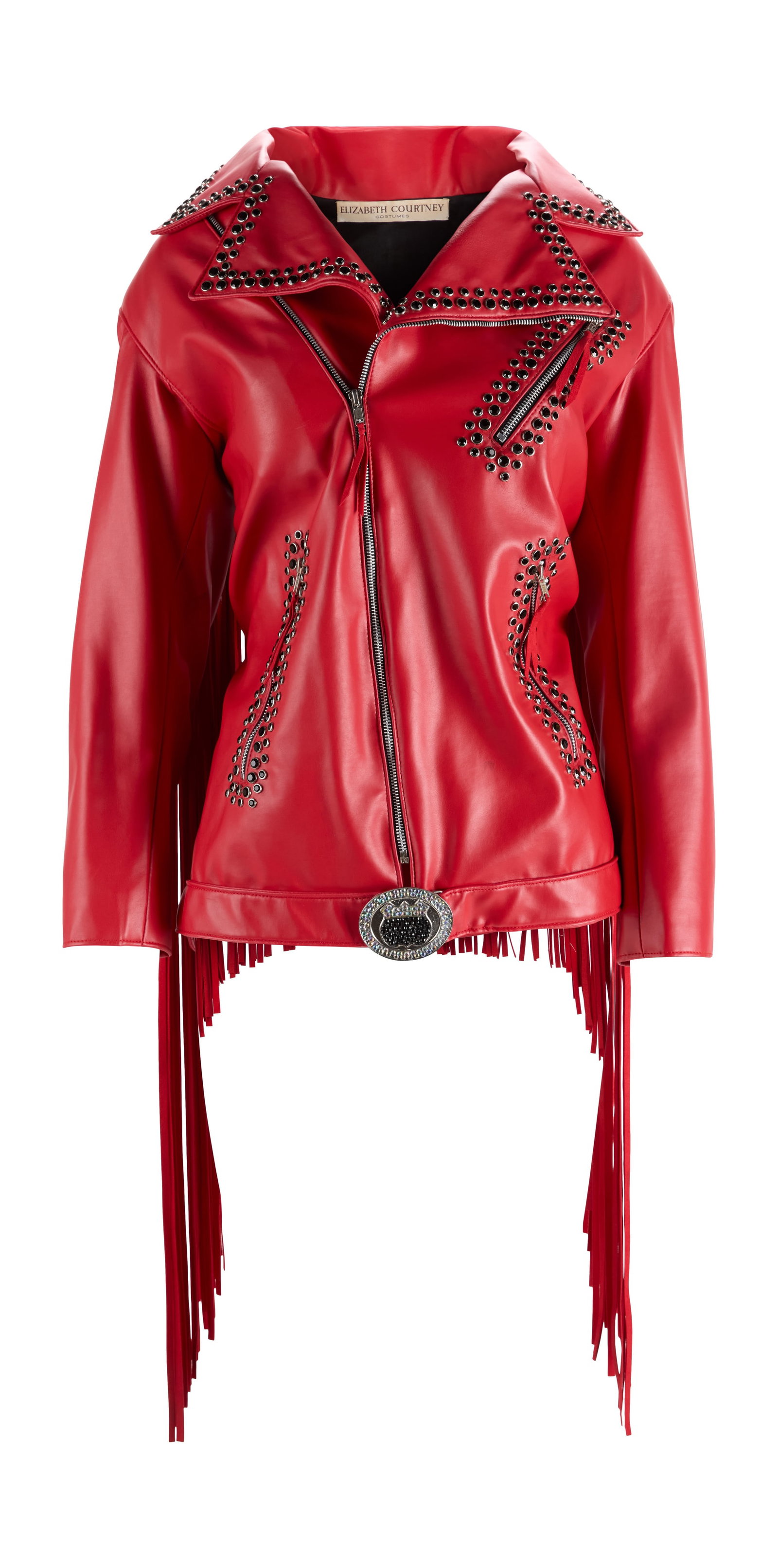 Ann-Margret | 1980s Red Motorcycle Jacket by Elizabeth Courtney: A garment made of red pleather; lapels and the three front zip pockets adorned with black mounted rhinestones, oval-shaped silver-tone metal belt buckle at waist, fringe across entire back; zip-up fro