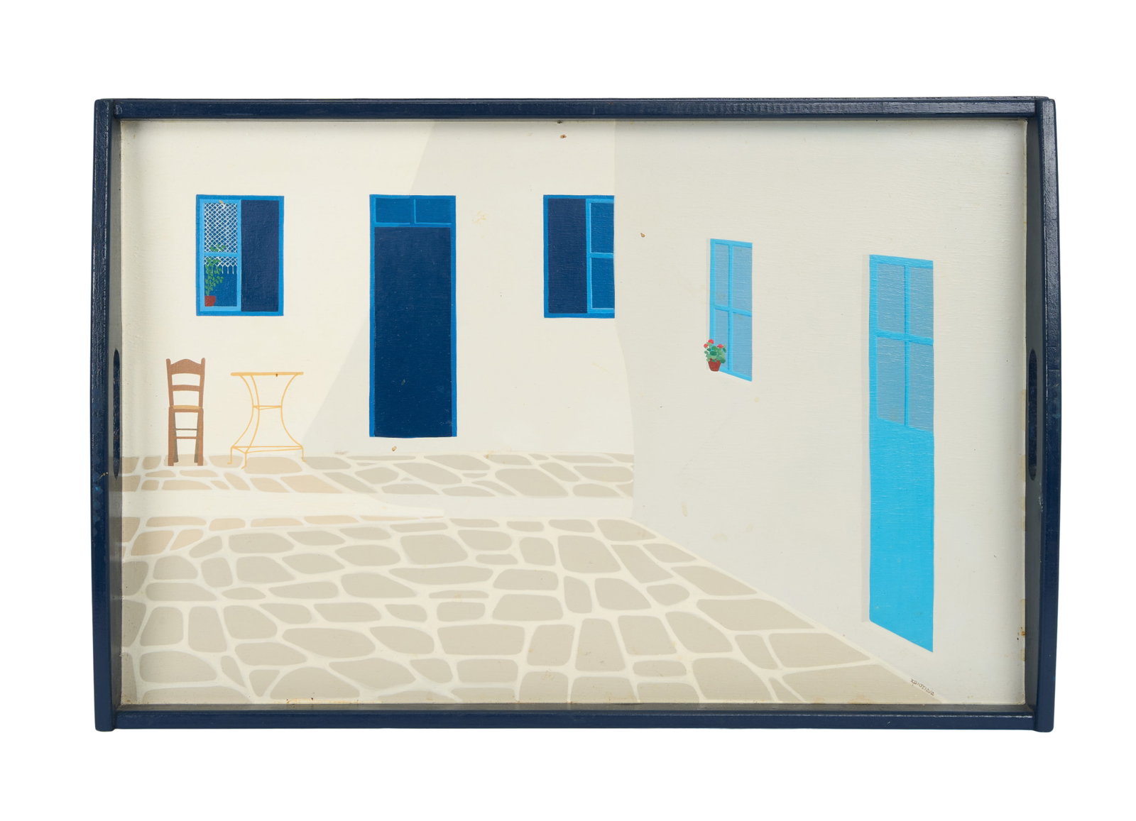 Ann-Margret | 1980s Painting: A piece rendered in oil on a wooden serving tray; depicting a traditional-looking Greek village vignette, signed in the lower right corner "Xpiotiqua."