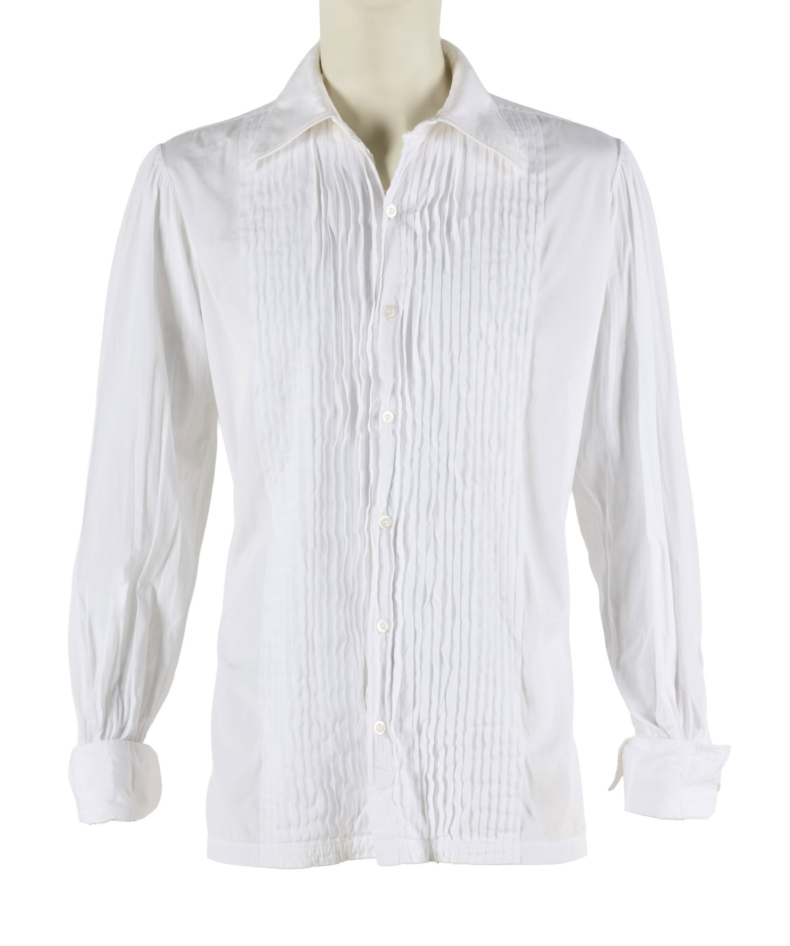 Frank Sinatra | 1969 Custom-Made Tuxedo Shirt: A garment made of white cotton; French cuffs, pleated front, seven button front closure, label reads "Frank Sinatra / Nat Wise / of London / Sunset Strip, Calif. / Sept. 1969"; consigned directly by